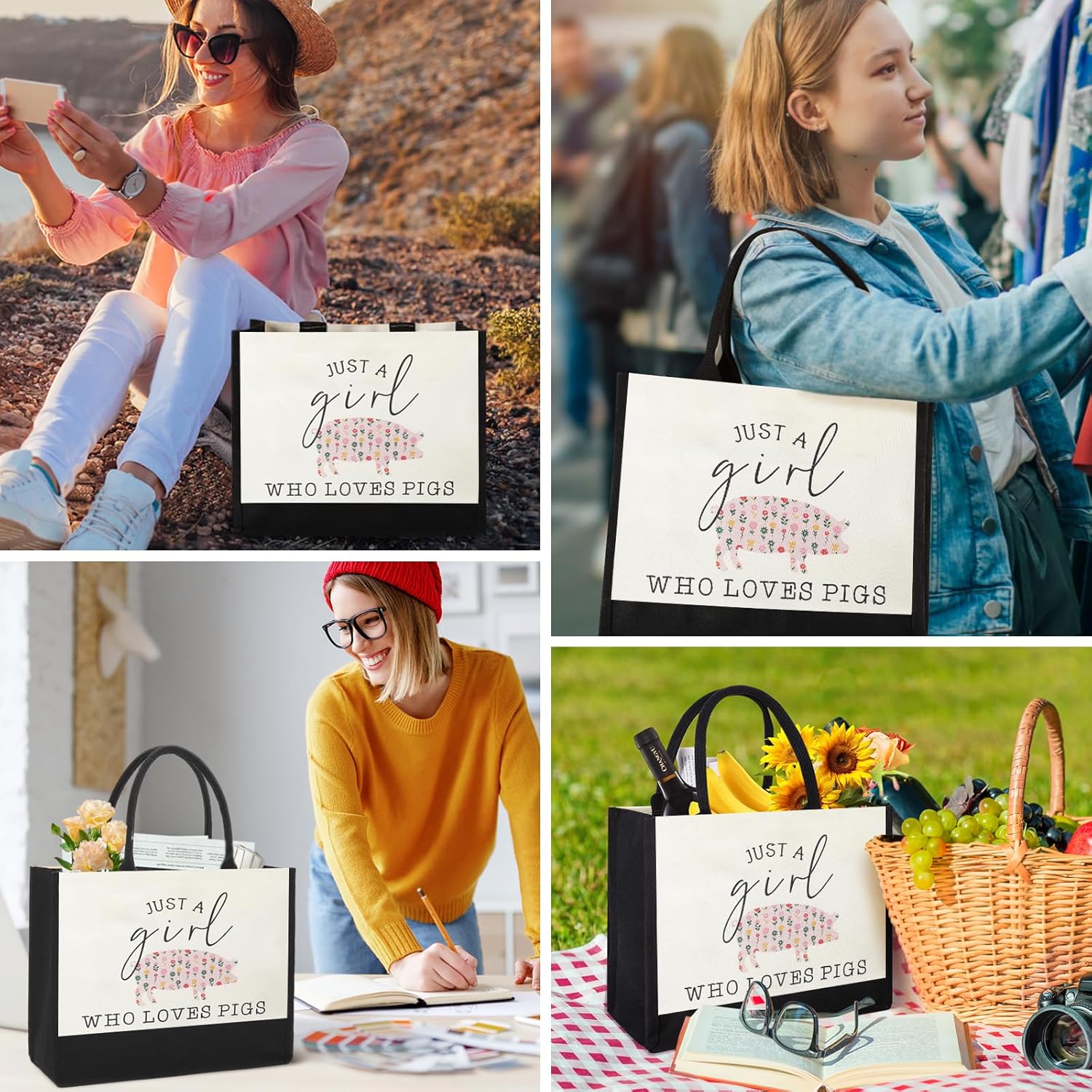 Canvas Tote Bag for Women, Cute Pig Gifts for Pig Lover, Animal Lover Gift AestheticTote Bag Reusable Grocery Bag, Birthday Christmas Gift for Mom Daughter Friends Sisters Bestie Who Loves Pigs - Image 6