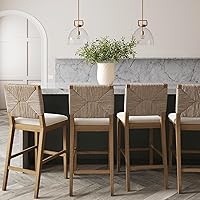 Nathan James Beacon Bohemian Boucle Bar Stools with Seagrass Back, Cream/Brushed Light Brown, Set of 4 - 29" Bar Height Kitchen Island Chairs