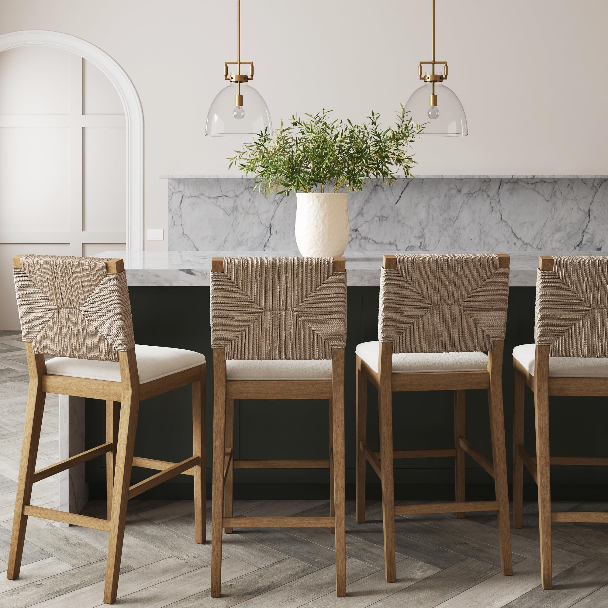 Nathan James Beacon Bohemian Boucle Bar Stool with Back, Bar Height Kitchen Island Chair, Seagrass Bar Stool, Cream Boucle/Brushed Light Brown, Set of 4