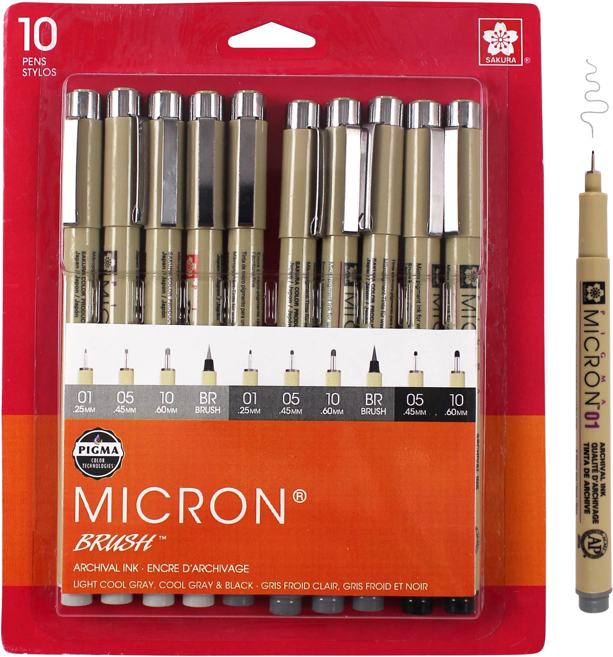 SAKURAPigma Micron Fineliner Pens - Archival Black and Gray Ink Pens - Pens for Writing, Drawing, or Journaling - Assorted Point Sizes - 1 count Pack of 10