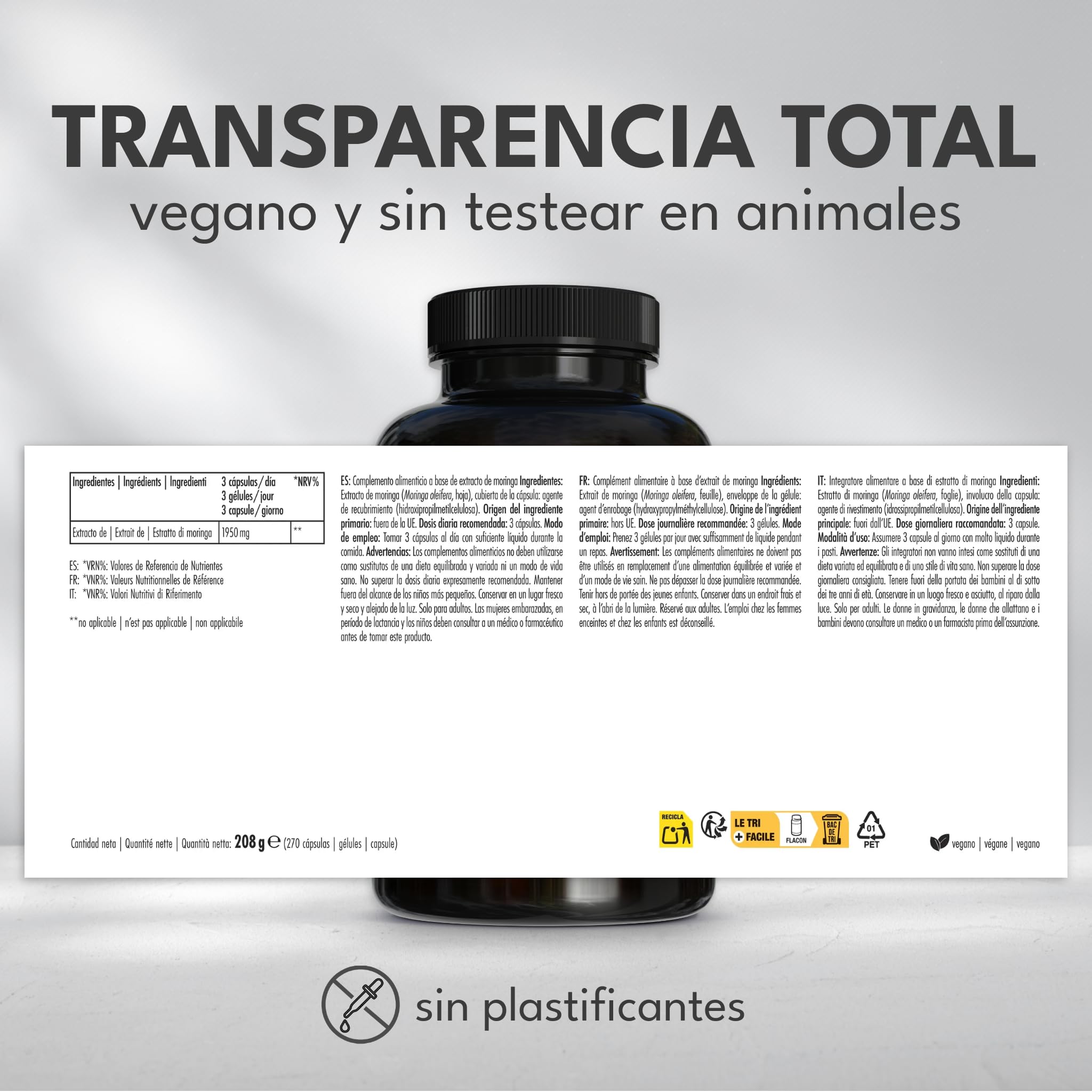 Moringa Oleifera – Alta dosis: 19.500 mg de polvo de moringa (1.950 mg de extracto (10:1)) – 100% vegano y sin aditivos – 270 cápsulas (3 meses) – Vegano y analizado en laboratorio – Green Naturals®
