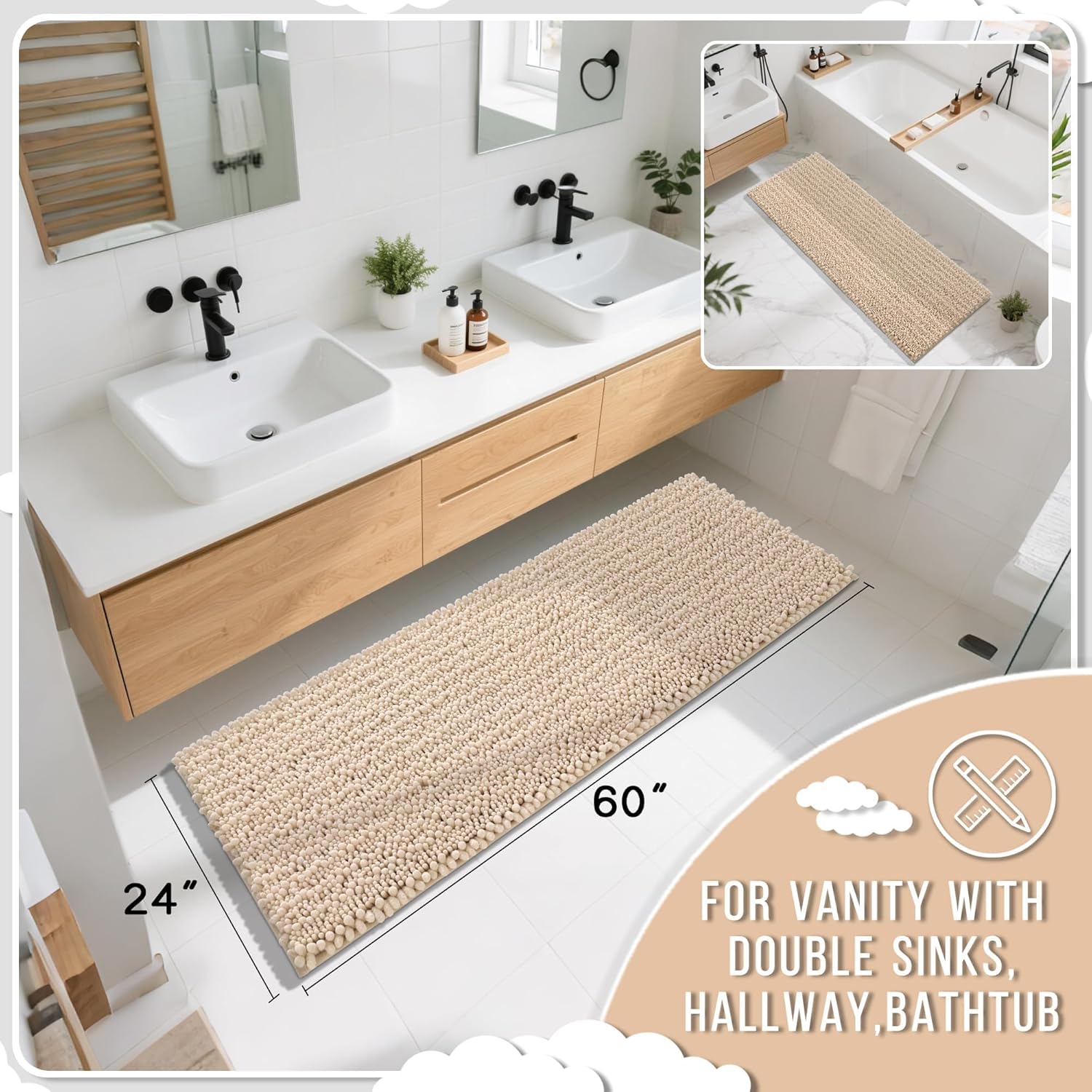 yimobra bathroom runner rug 60x24 inch - extra long non slip chenille bath mat, soft & absorbent, machine washable shaggy hallway carpet for vanity tub shower, light brown home decor accessories 60" x 24" light brown