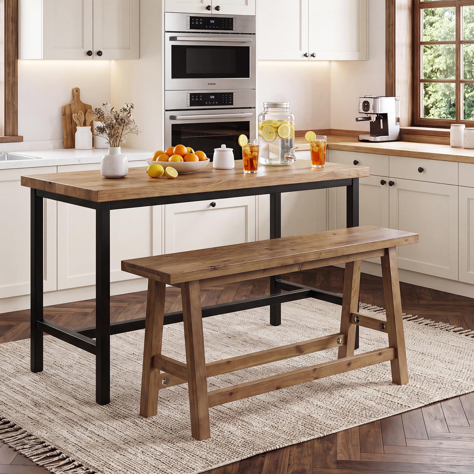 Counter Height Wooden Bar Bench with Footrest