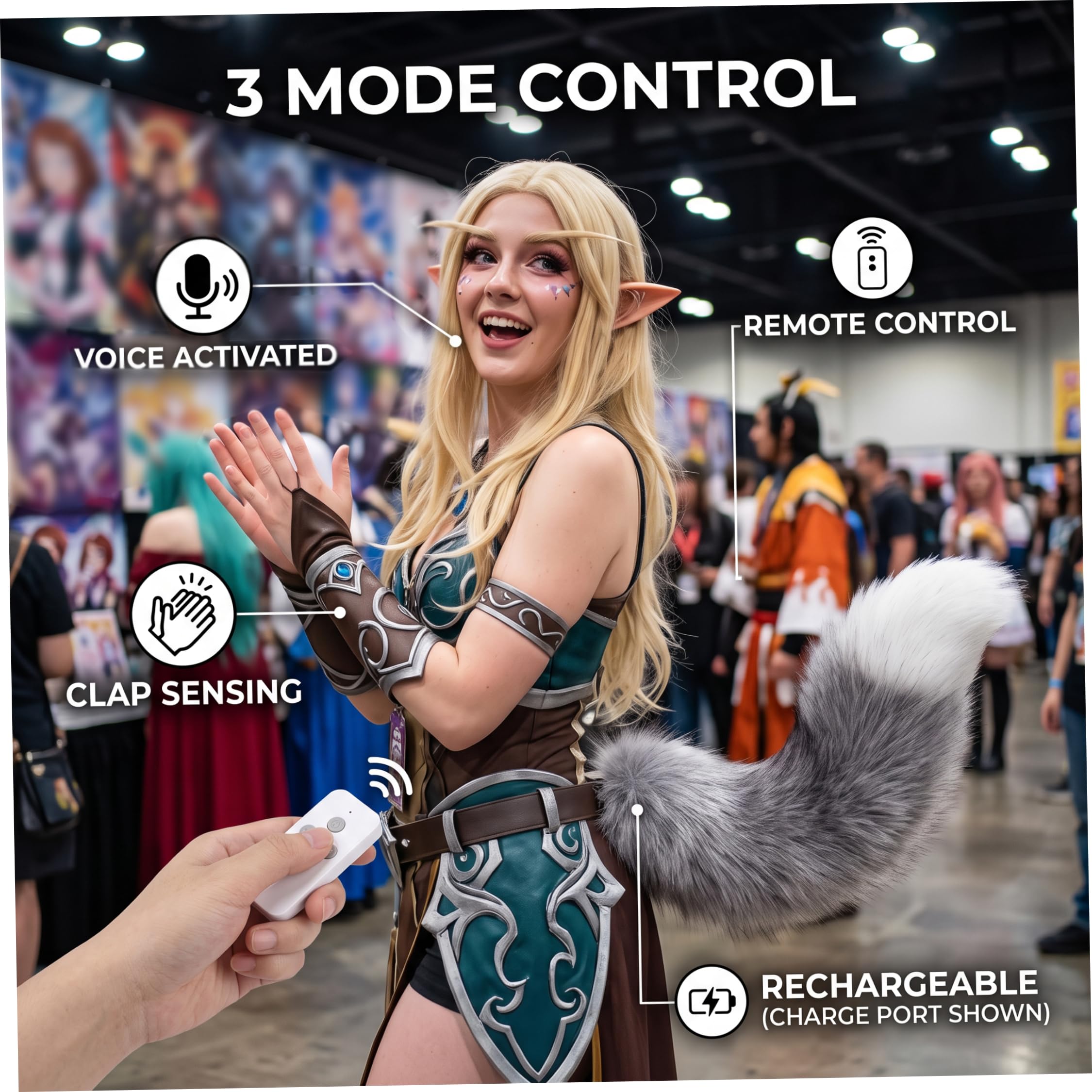 Coda mobile, accessorio cosplay coda di volpe elettrica ricaricabile, argento