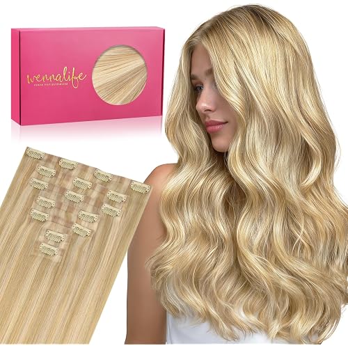 WENNALIFE Seamless Clip In Hair Extensions, 22 Inch 7pcs 150g Light Blonde Highlighted Golden Blonde Hair Extensions Clip In Real Human Hair Extensions Invisible PU Weft Human