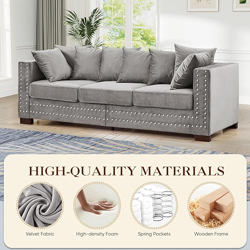 Miniatura 6 de Sofá moderno de mediados de siglo de 84.5 pulgadas de ancho con almacenamiento, sofá tapizado de terciopelo, sofá Chesterfield de asiento profundo