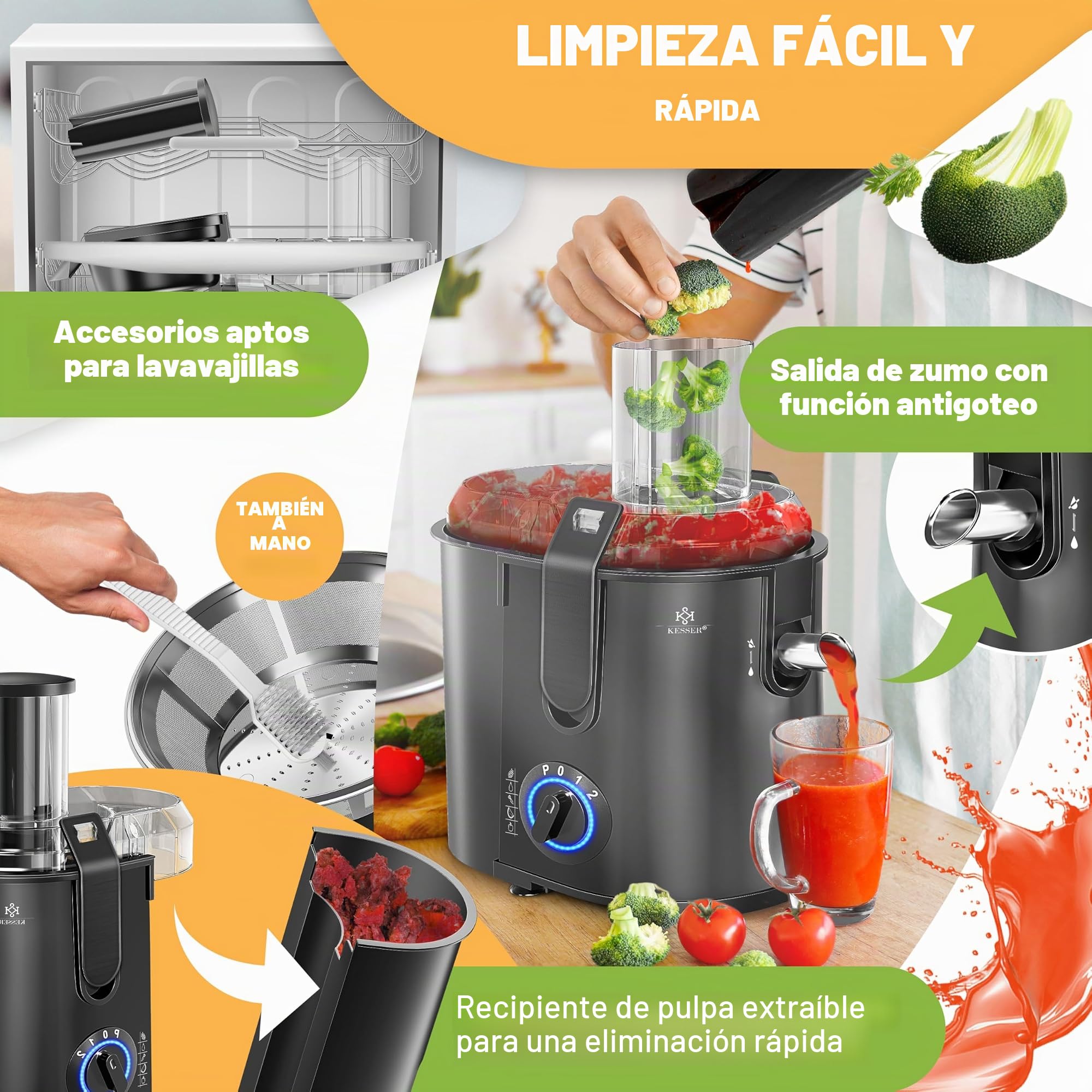 KESSER® Exprimidor para fruta y verdura, de acero inoxidable 1100W, 85 mm de abertura de llenado, incl. cepillo de limpieza y recipiente para zumo, 3 ajustes de velocidad, Exprimidor, Negro