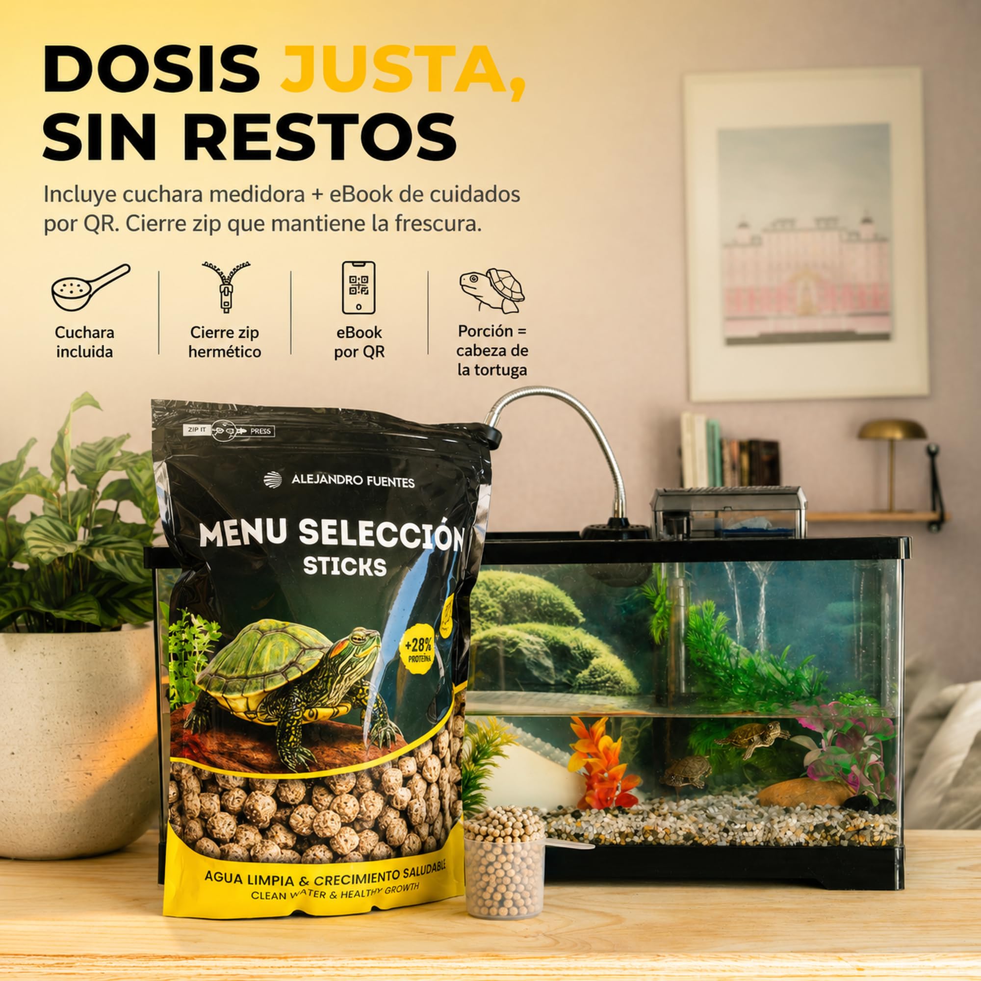 AF® Comida para Tortugas de Agua Adultas 1,5kg/5L Sticks Flotantes 5mm, 28% Proteína para Caparazón Fuerte, Agua Limpia y Sin Olores, Comida Tortuga con Cierre Zip y Cuchara Medidora Incluida