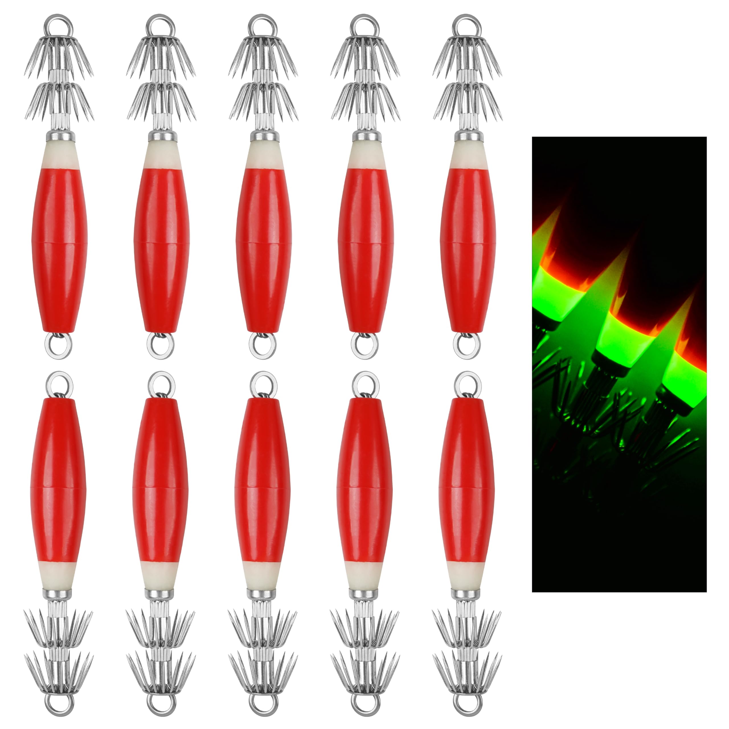 Glow Squid Jig Fishing Hooks Kit – 5/10pcs Luminous Saltwater Jigs with Tackle Box – Fluorescent Octopus & Cuttlefish Lures for Night Fishing – Ideal for Squid, Sea Bass & Deep-Sea Fishing