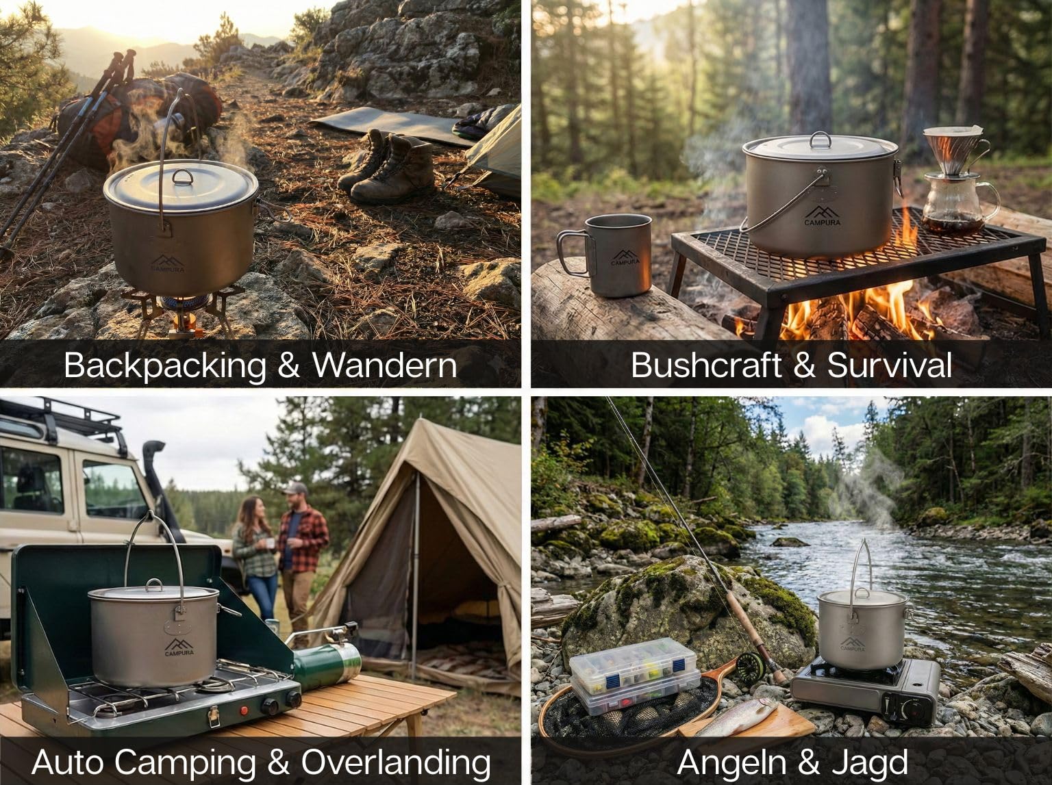 Titan Topf 2 Liter (1950 ml) mit Deckel und Aufhängehenkel - Ultraleichtes Campinggeschirr und Kochset für Outdoor, Bushcraft, Wandern und Survival, 190g