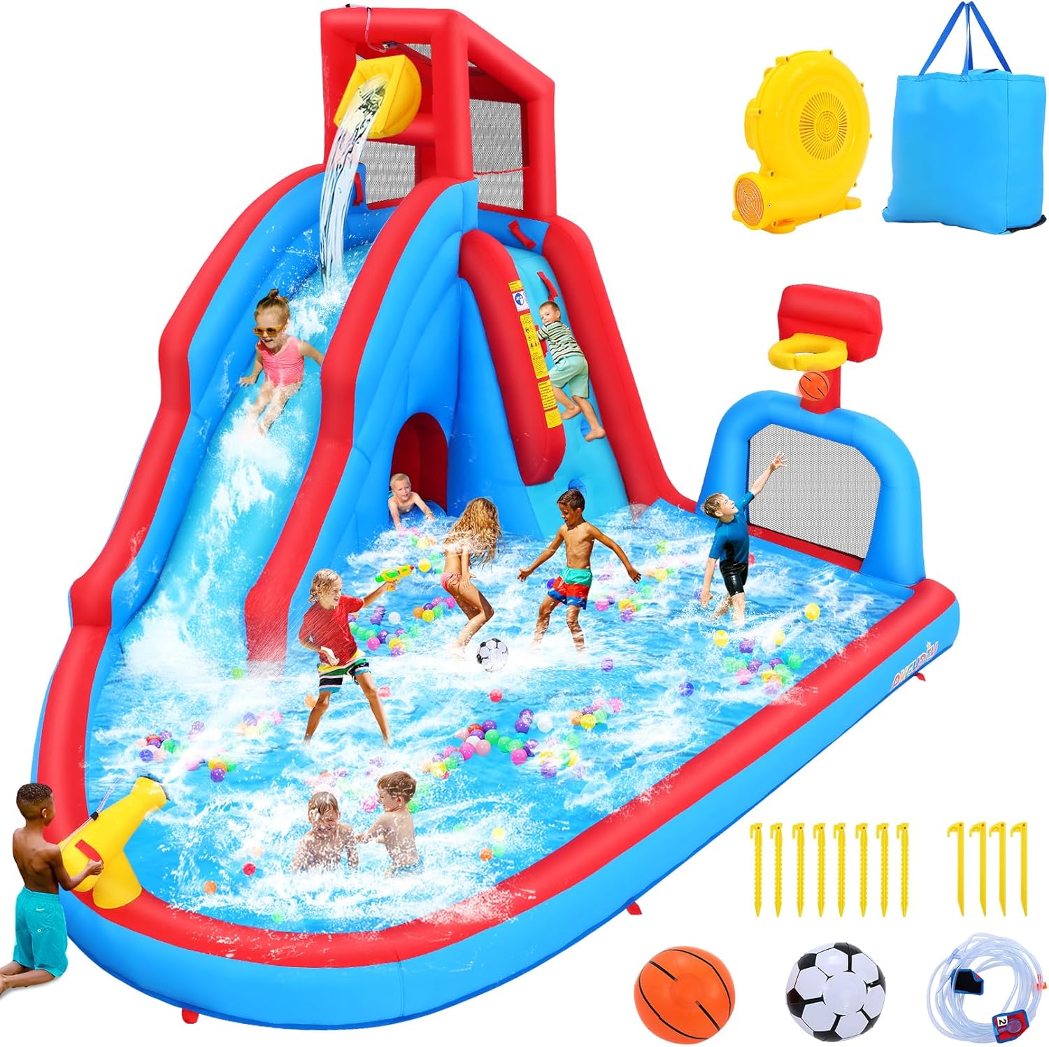 Whubefy Inflatable Water Slide for Kids Backyard, 14.2Ft Waterslide Park Bounce House W/Big Pool, Slide, Soccer Field, Dump Bucket, Obstacle Tunnel, 9in1 Blow Up Water Slides Inflatables for Kids Gift