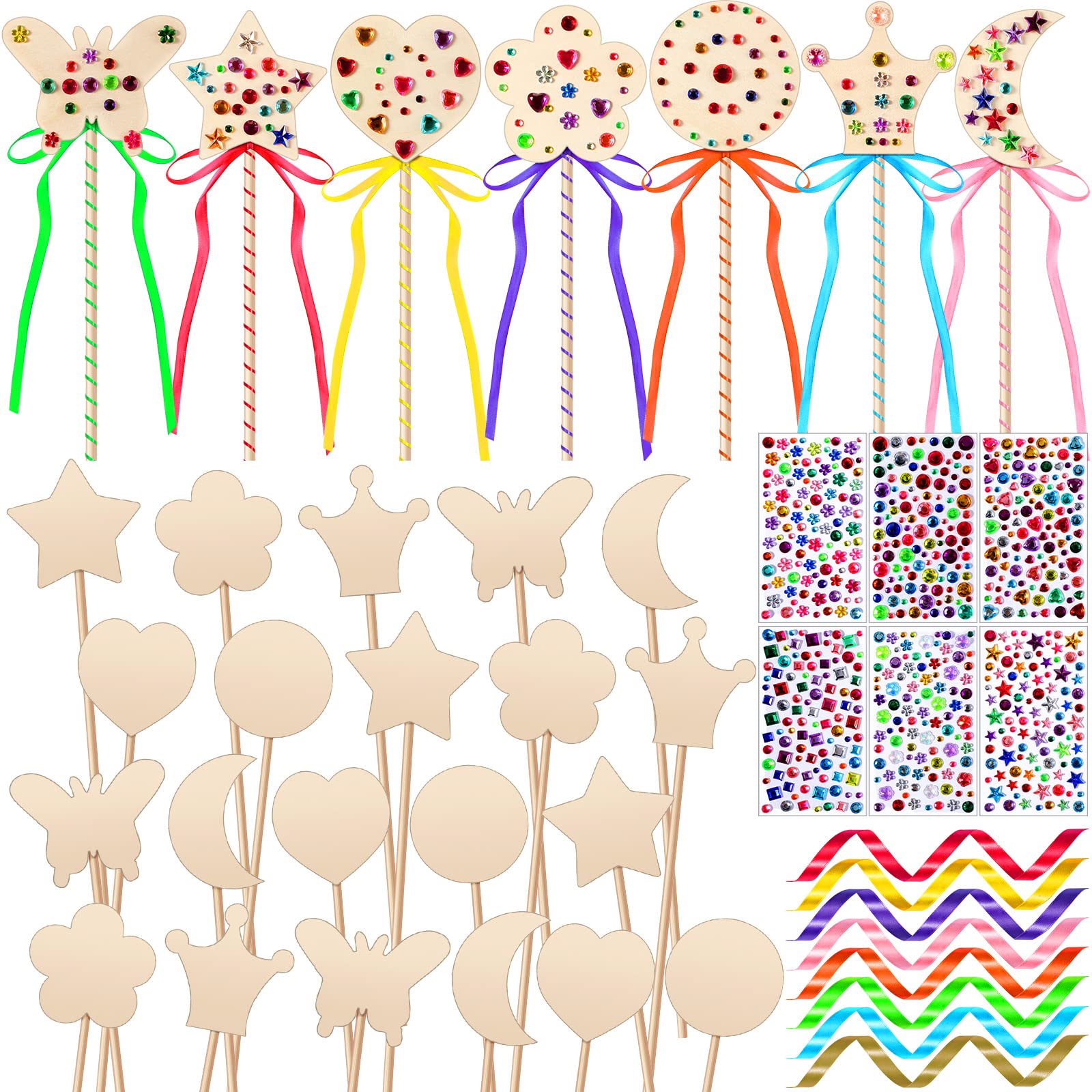 Chumia 42 Pcs Princess Fairy Wands Kit Include 28 Wooden Princess Wand, 6 Gem Stickers, 8 Ribbons, Birthday Party Supplies, Unfinished DIY Moon