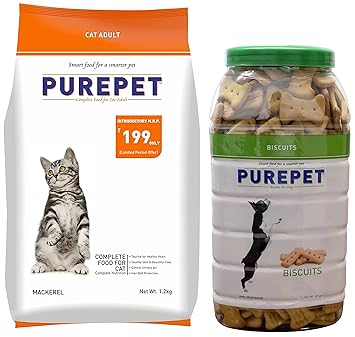 Purepet 100% Vegeterian Biscuit,Dog Treats- Jar, 905g & Purepet Mackerel Adult Dry Cat Food, 1.2 kg
