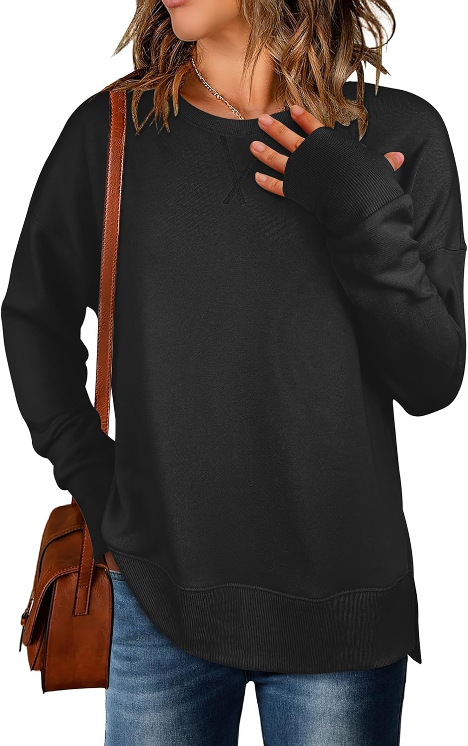 ANRABESS Sweatshirts for Women 2025 Fall Long Sleeve Shirts Oversized Crewneck Lightweight Side Split Casual Pullover Tops Black Medium