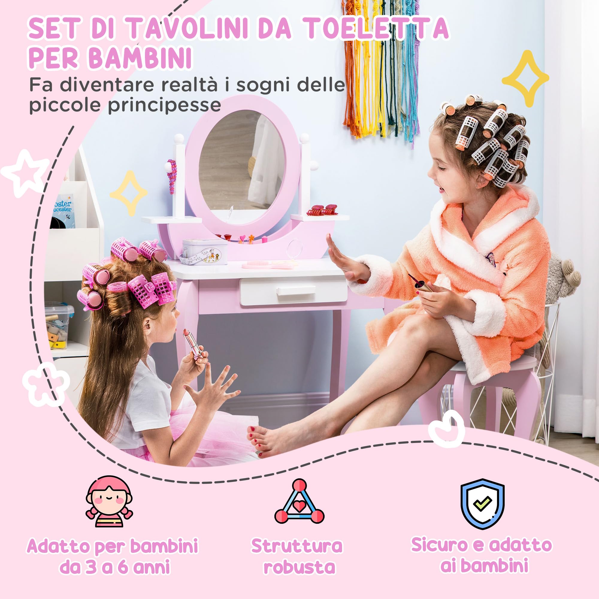 ZONEKIZ Set Toeletta Trucco per Bambini, Tavolino da Trucco con Specchi e Sgabello per Bambini, Età 3-6 Anni, Rosa