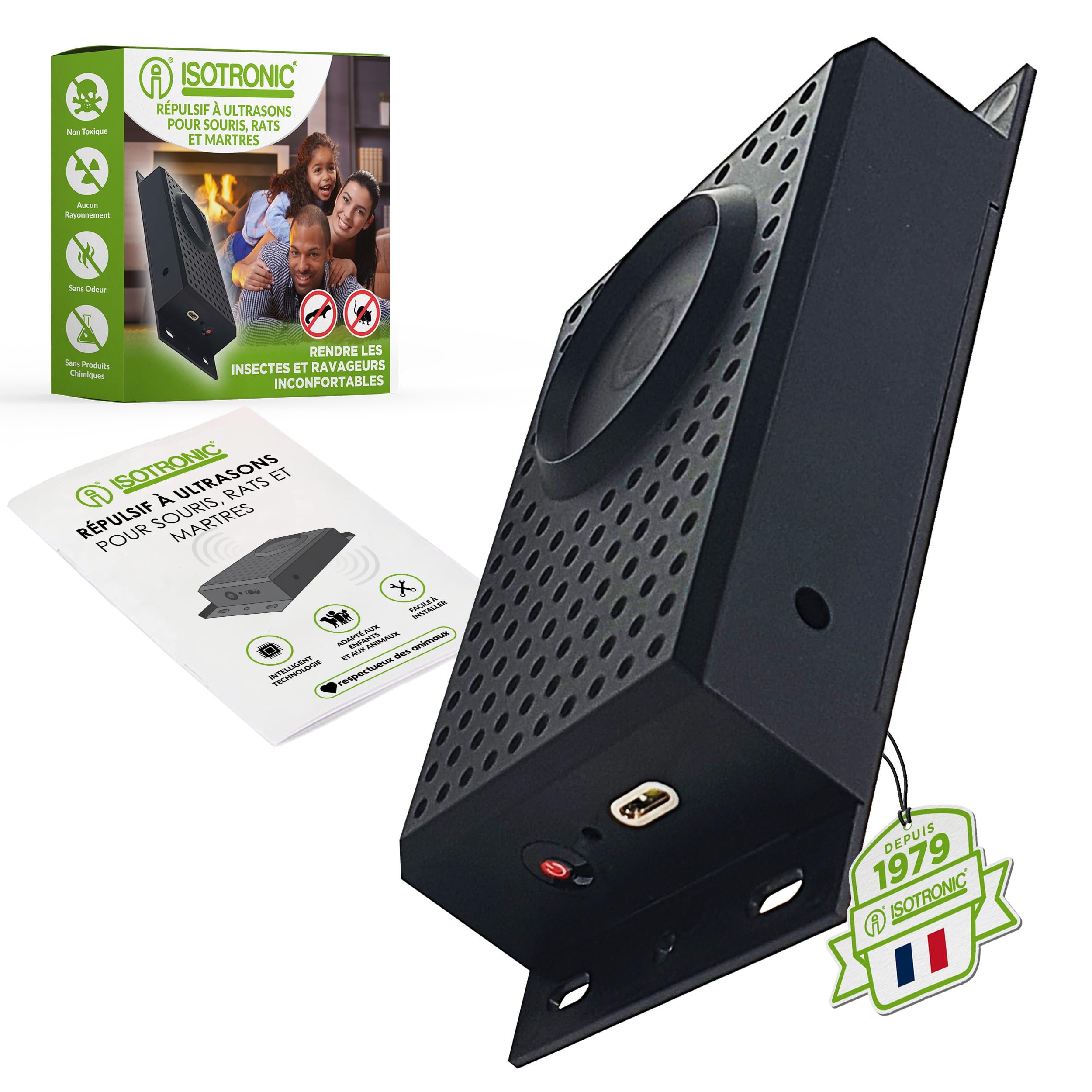 ISOTRONIC Répulsif pour Les martres, Souris et Les Rats avec Fonction de lumière/Clignotant LED Ultrasons pour la Voiture, la Maison, Le Garage et Le Grenier