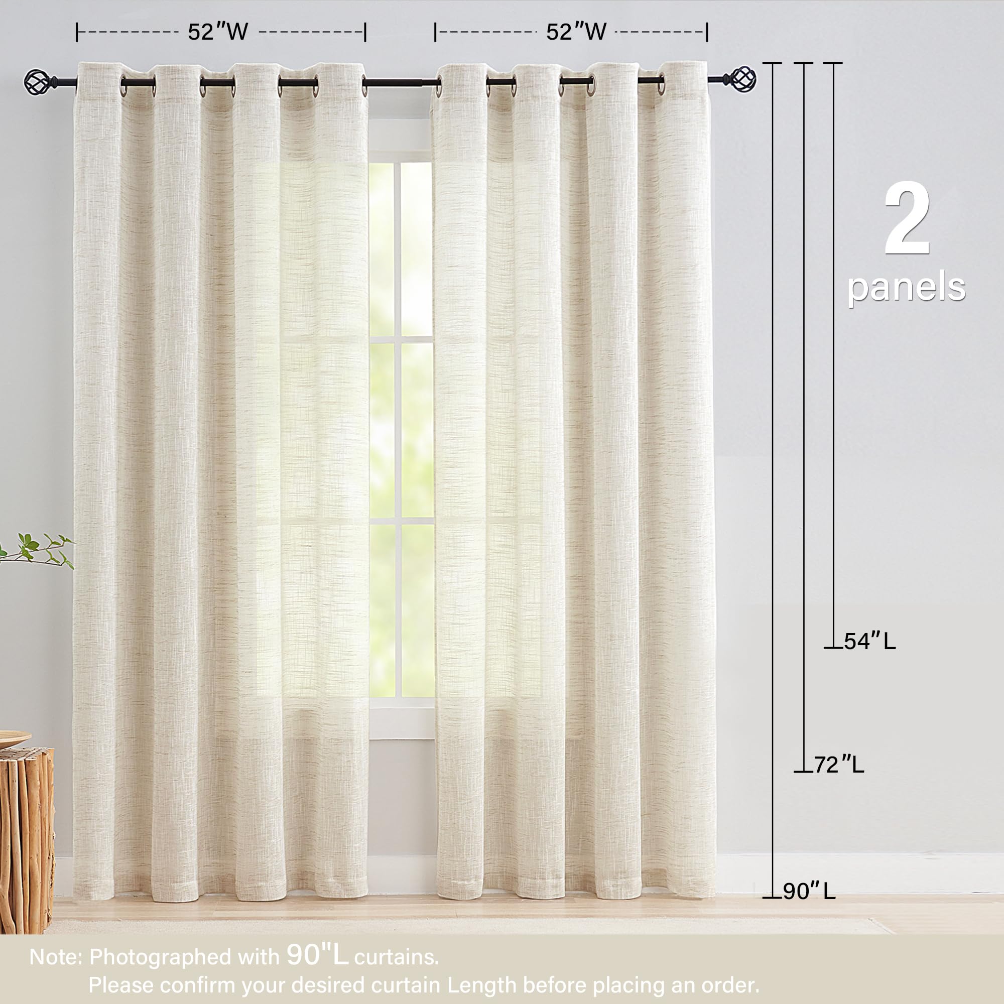 Treatmentex Lot de 2 rideaux semi-transparents en lin naturel pour salon, chambre à coucher, 228,6 cm de long, rideaux de fenêtre rustiques rustiques, 132,1 cm de large, beige