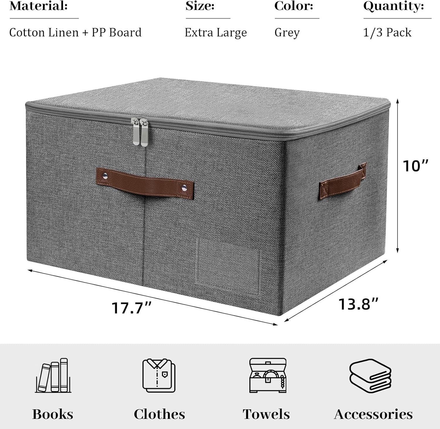 Lucky Monet 3PCS Storage Bins with Zipper Lids 17.7"x13.8" x10" Foldable Lidded Fabric Storage Boxes Cotton Linen Closet Shelf Clothes Organizer with Handles & Label Pocket (Grey, Extra Large)