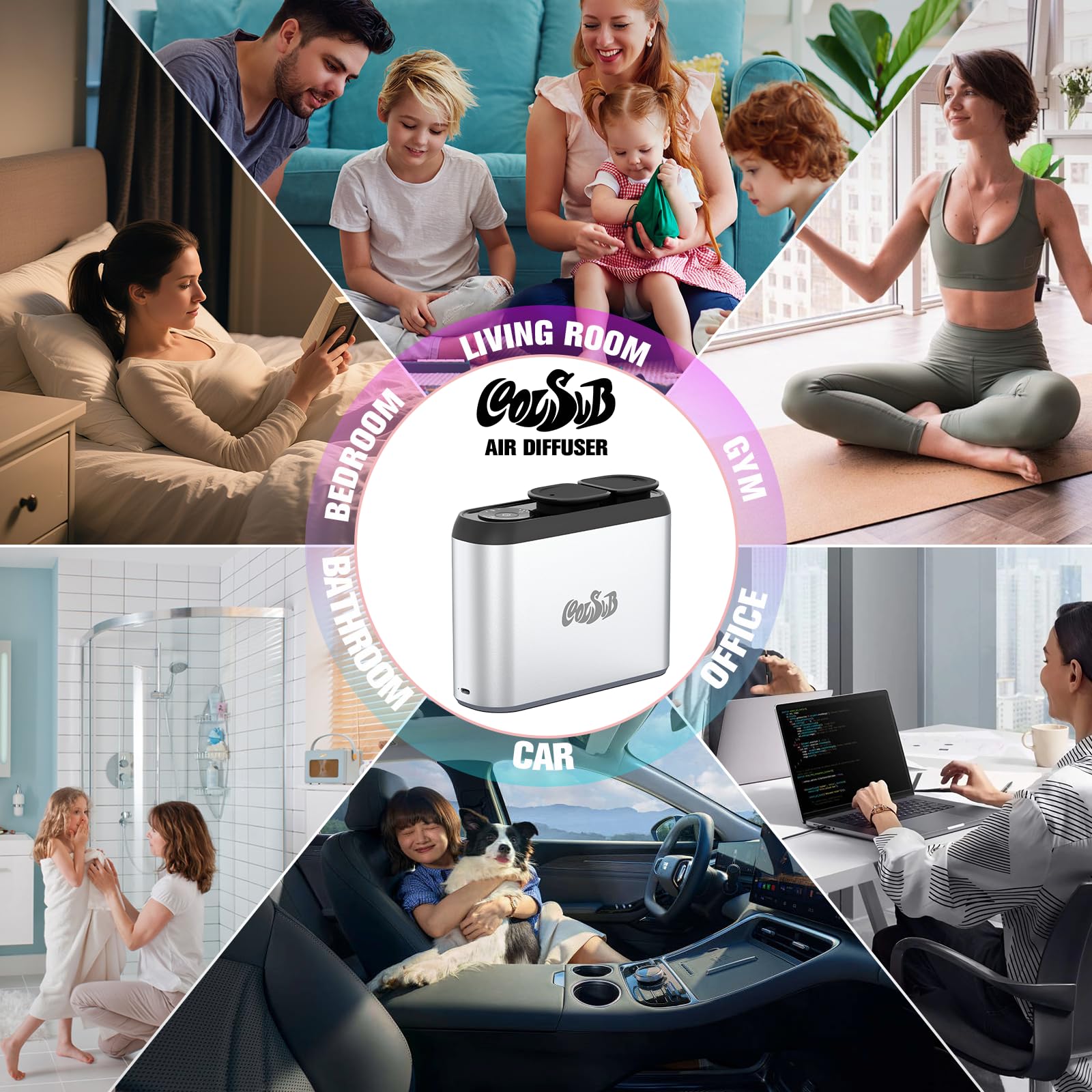 Diffusore di aromi intelligente, diffusore di oli essenziali a doppio ugello, senz'acqua, con nebbia fredda, diffusore di oli essenziali per aromaterapia, funzionamento a batteria, per auto