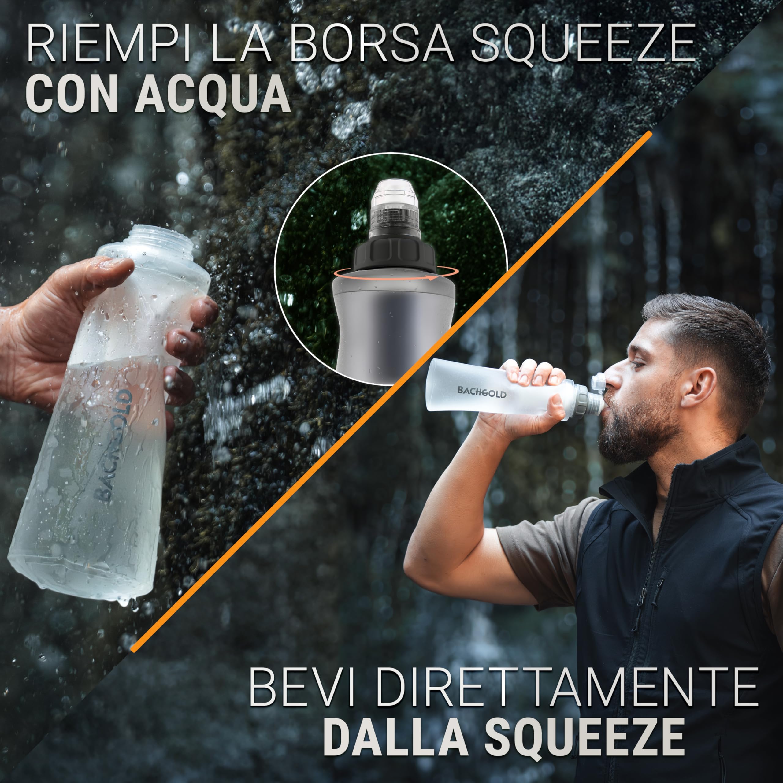 Bachgold® Squeeze Borraccia Filtrante – Filtro Acqua Potabile Ultraleggero con Potabilizzatore | Filtra Virus, Batteri & Microplastiche | per Trekking, Campeggio, Outdoor (Bianco, 1000ml)