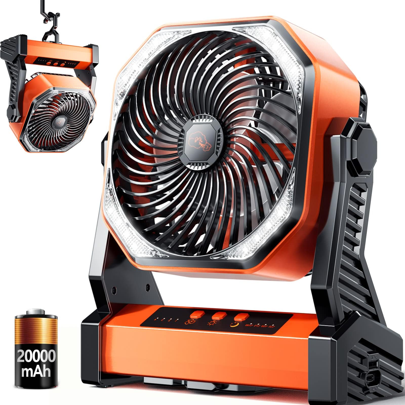 Camping LED Fan with Light,20000mAh Rechargeable Battery Powered Outdoor Tent Fan with Light and Hook, 4 Speed, Personal USB Desk Fan for Camping, Fishing, Power Outage,Hurricane, Worksite