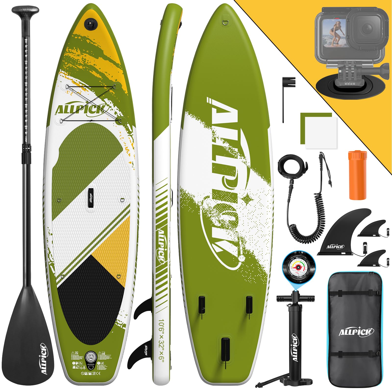 ALLPICK Sup Gonfiabile, Stand Up Paddle Board Gonfiabile, Con Supporto Universale per Fotocamera, Accessori Completi, Tavola da Sup Surf, Principianti e Avanzati, 150kg/180kg