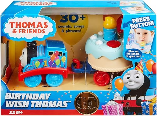 Miniatura 7 de Thomas  Friends Fisher-Price Birthday Wish Thomas motor musical de tren de juguete de empuje con pastel de cumpleaños iluminado para niños pequeños