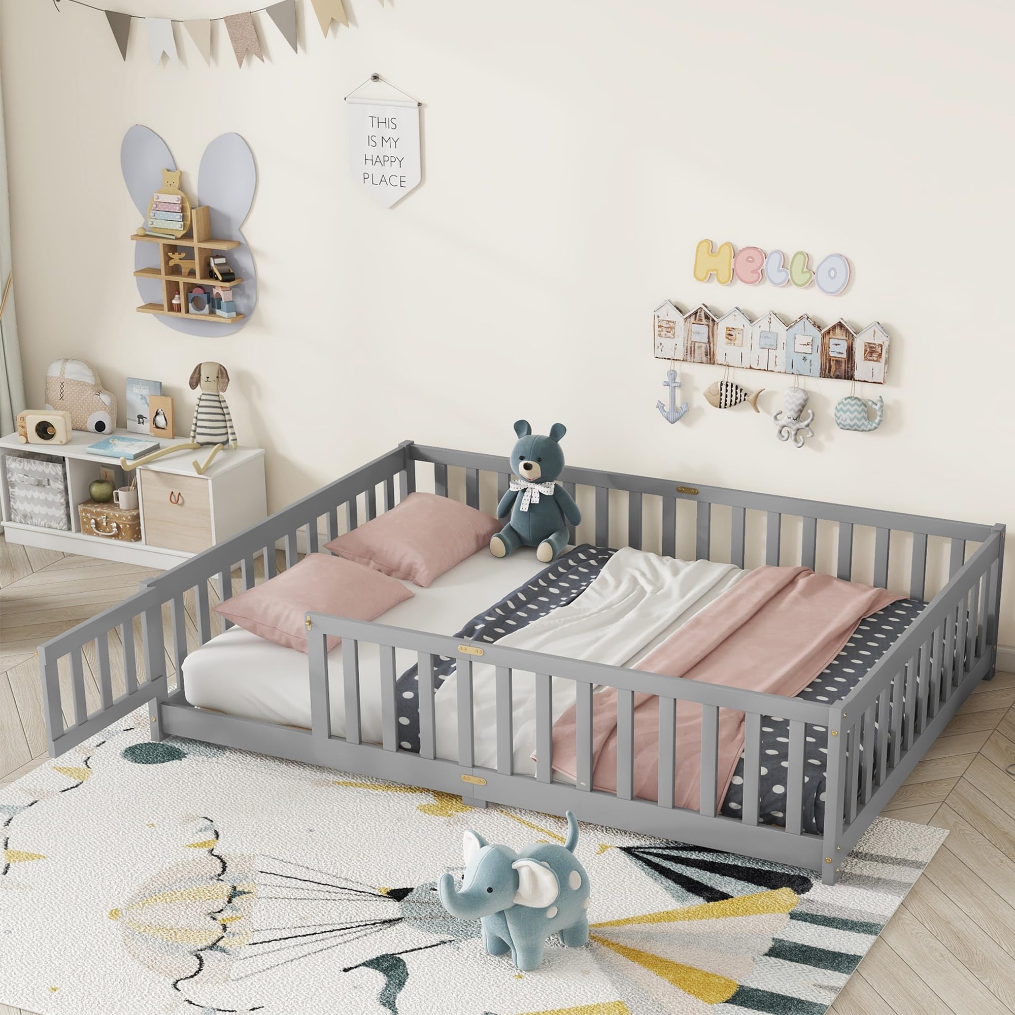 Full Floor Bed with Safety Guardrails for Kids, Rubber Wood Montessori Bed with Slats and Convertible Door,Full Size Bed Frame for Girls and Boys,No Box Spring Needed,Grey