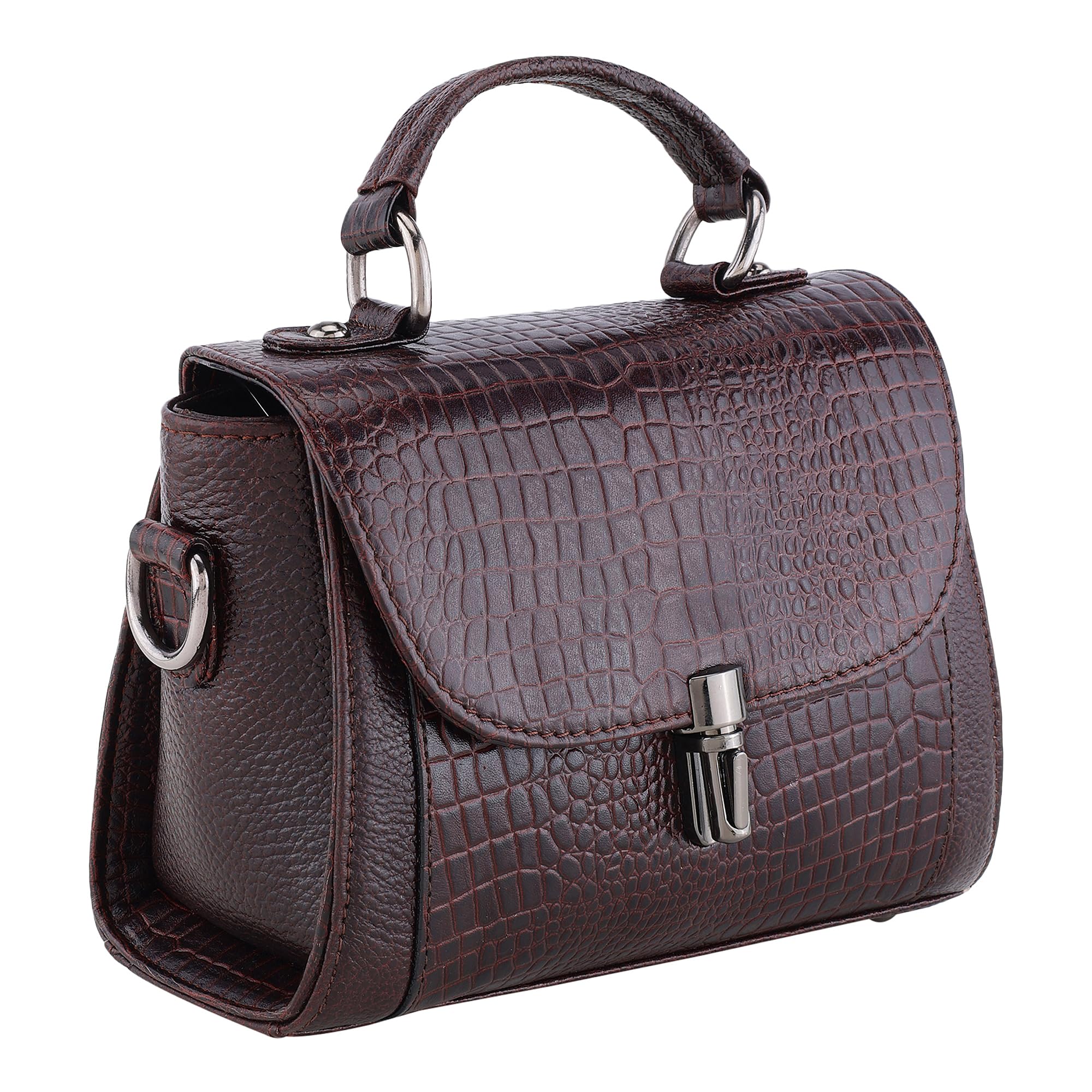 Genuine Leather Croc Style Hand Design Women Sling Shoulder Handbag Satchel ToteBag | Double Handle - Sling Belt - Metal Logo Embossed |-image-33