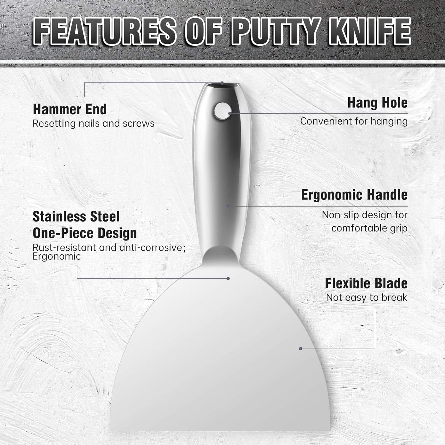 Fishark Putty Knife, 5 Pcs Putty Knife Set, 2" 3" 4" 6" 8" Stainless Steel Scraper, Spackle Knife, Wallpaper Scraper Paint Scraper Tool for Drywall Repair, Removing Wallpaper, Mud, Applying Plaster
