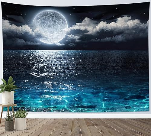 Miniatura 6 de LB Tapiz de cielo nocturno y océano, tapiz de luna llena sobre el agua, tapiz para colgar en la pared, tapiz de fantasía mágica de acuarela 3D, arte