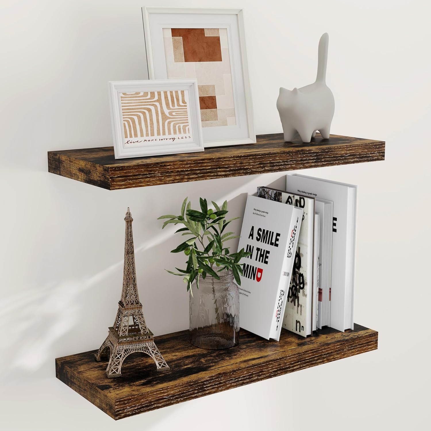 24W x 9.3D Floating Shelves, 9.3" Deep Wall Shelves Set of 2, Farmhouse Rustic Wood Shelf 24 Inch Long, Large Display & Storage Shelves for Book, Living Room, Bathroom, Kitchen - Rustic Brown