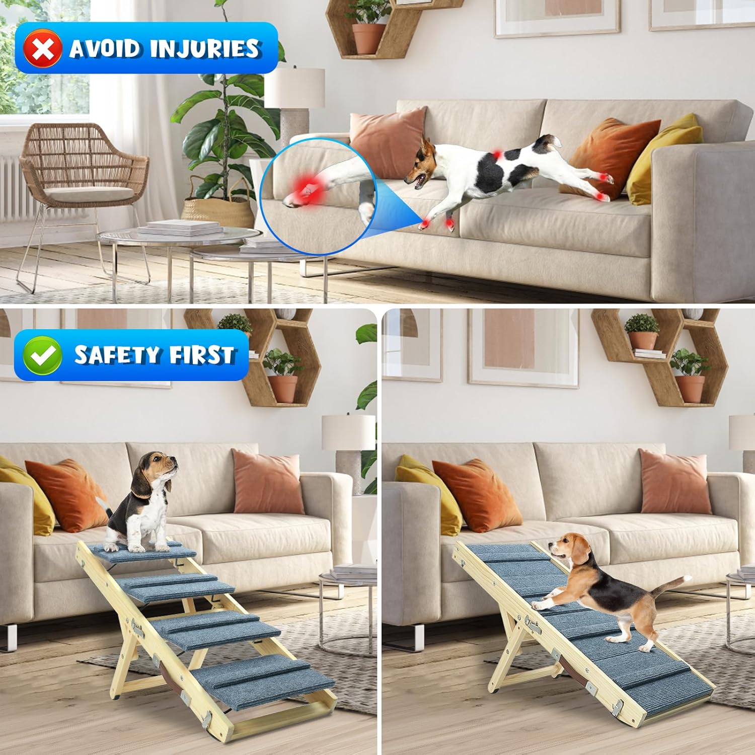 TNELTUEB Dog Ramp, 2-in-1 Dog Stairs for Small Dogs, 32.6" Long, Adjustable 8.5"-18" Pet Ramp with Non-Slip Traction Mat, Folding Portable Wooden Dog Steps for Bed, Couch, Car, Rated for 30 LBS (Grey)