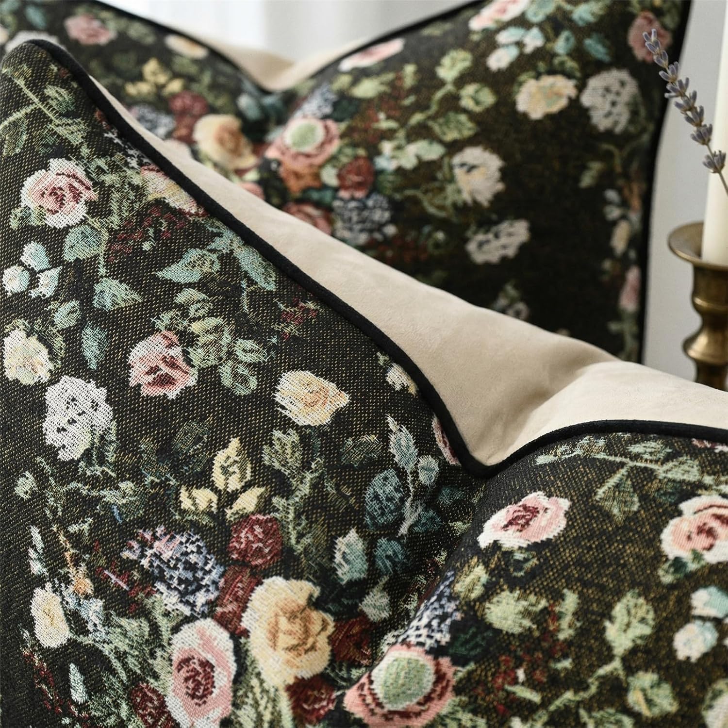 Vintage Rose Throw Pillow Covers 18x18 Inch Set of 2, Floral Woven Couch Pillow Covers with Velvet Backing & Corded Piping, Farmhouse Decorative Cushion Cases for Sofa Living Room, Black-Green