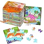 SANNIX 12 Pack Dinosaur Wooden Jigsaw Puzzles with 12 Organize Bags, Dinosaurs Animals Toddlers Puzzles for Kids Ages 3 4 5, Party Favors Educational Learning Travel Toys for Boys Girls