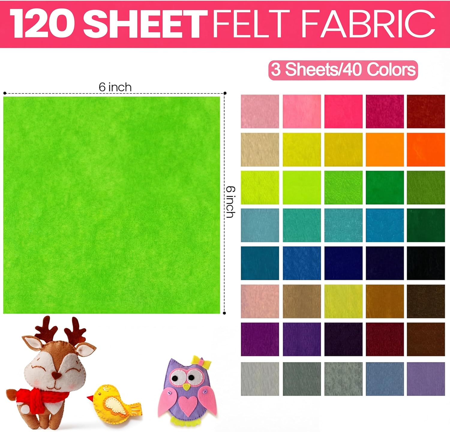 Reginary 120 Pcs 6 x 6 Inch, 2 mm Thick Felt Sheets Bulk for Craft 40 Assorted Color Felt Fabric Squares Stiff Paper for Wedding Graduation Festival Holiday DIY Craft Sewing Patchwork (Classic)