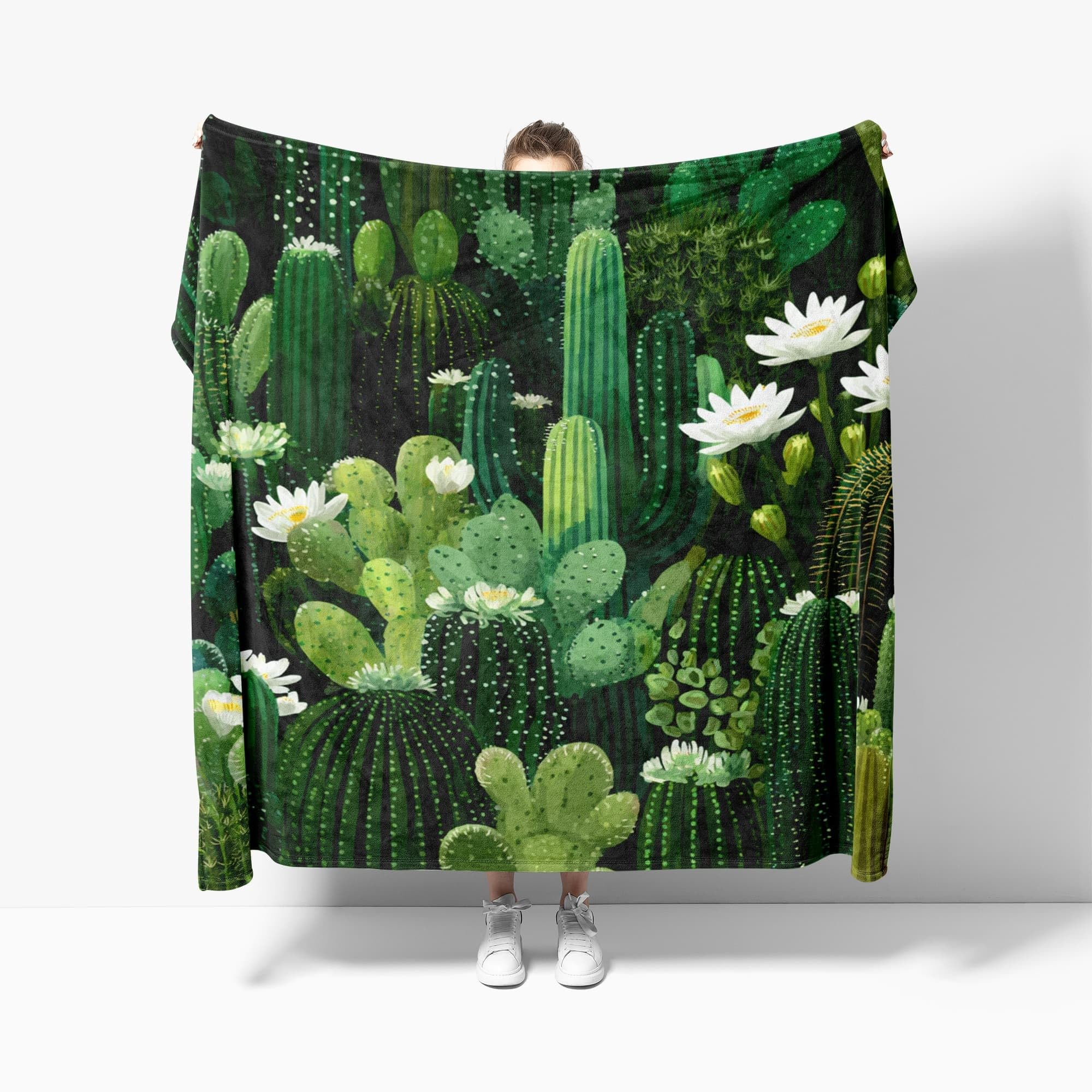Générique Koc w kratę na sofę, kwiaty kaktus rośliny wygodny i oddychający koc do domu, zielony odpowiedni dla nastolatków i dorosłych, 180 x 200 cm dla 2 osób