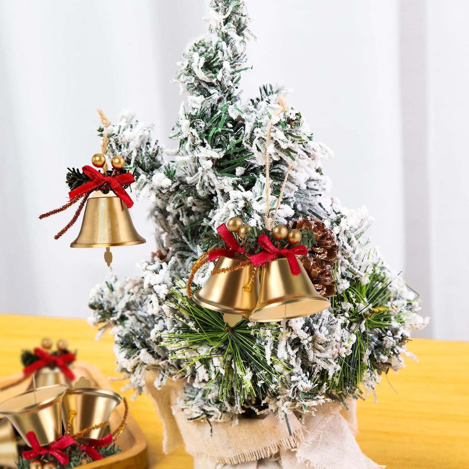 Christmas Gold Jingle Bells 6pcs 2.4" with Red Bow, Berry Tree,Tree Decor