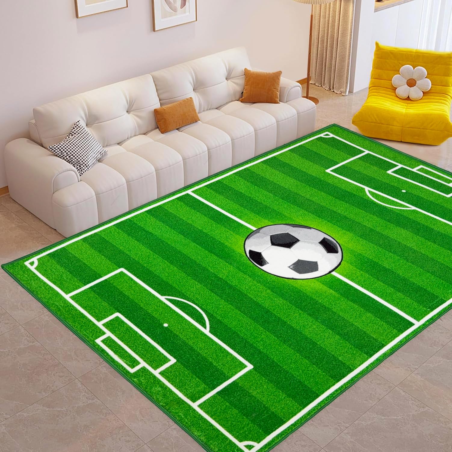 BUUGVM Washable Low Pile Soccer Rug 6x9- Soccer Field Mat for Boys Bedroom, Non-Slip Sports Room Decor, Durable Kids Playroom Rug, Nursery Floor Mat