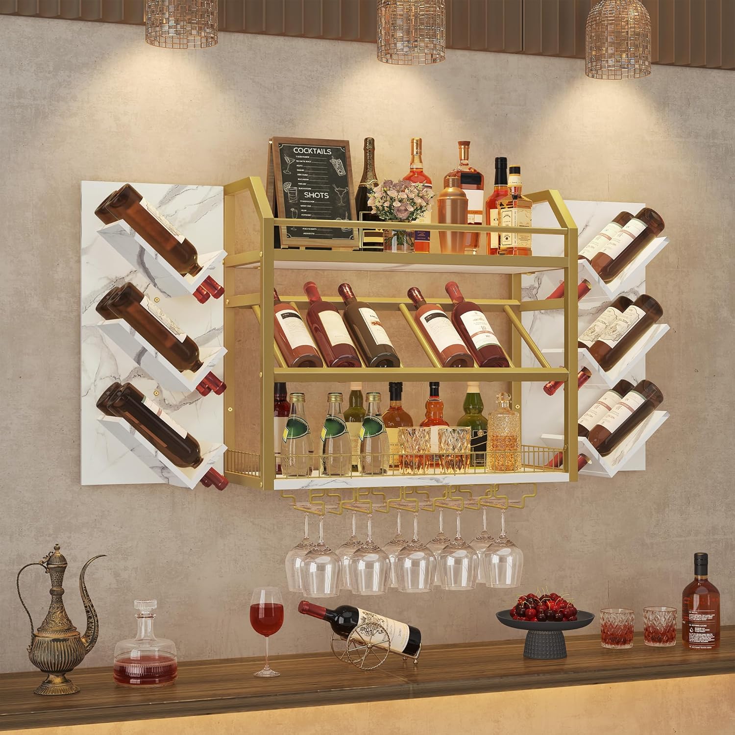 Hoctieon Wall Mounted Wine Rack, 3 Tier Hanging Wine Racks with Glass Holder, Large Capacity Bar Shelves, Metal Wood Bottle Display Storage for Kitchen, Home Bar, Dining Room, Rustic Brown