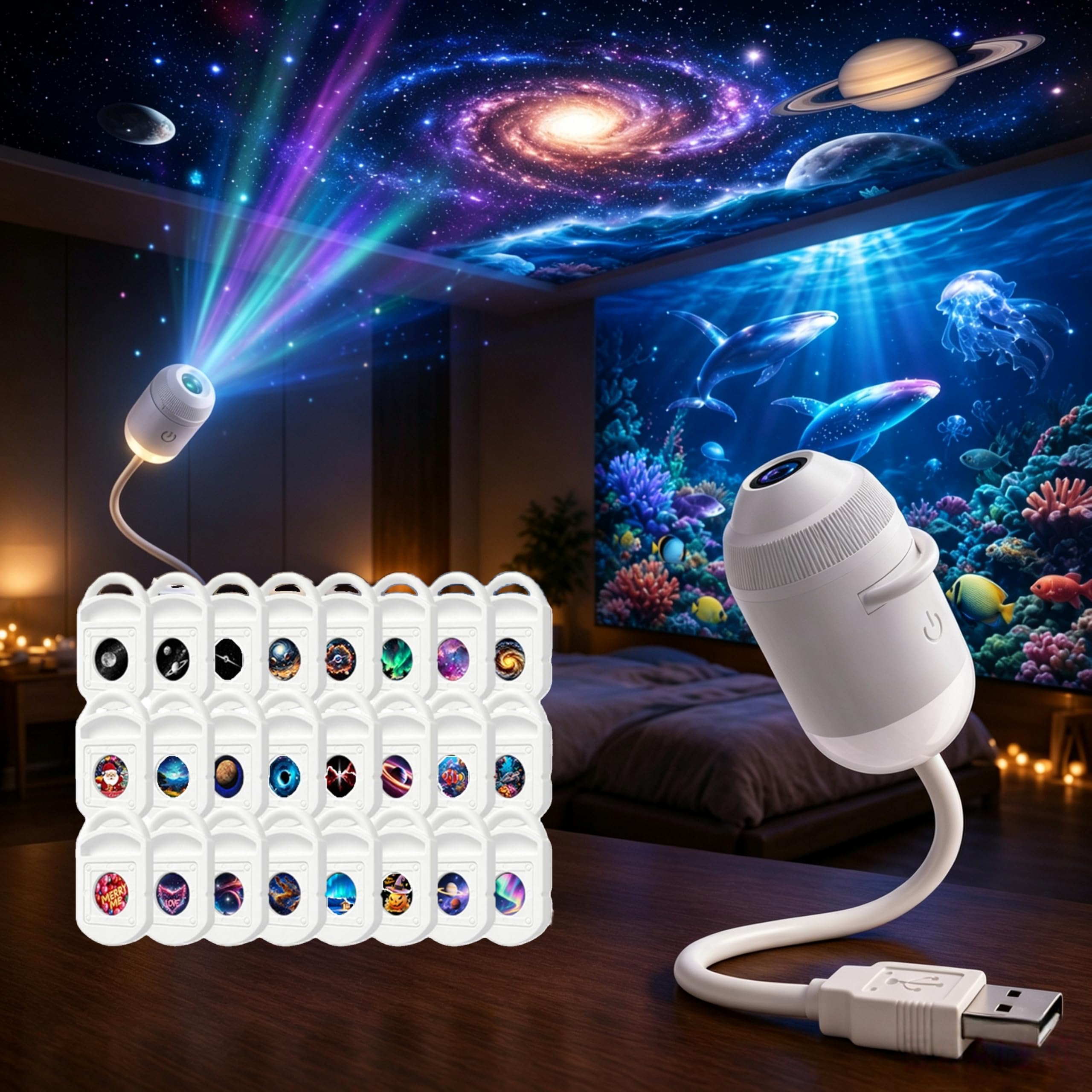 Plug and Play Hd Star Projector, Hd Smart Dynamic 5d Holographic Night Light Projector, 360° Galaxy Ocean Projector and USB Fantasy Starry Sky Lamp for Bedroom Car Roof
