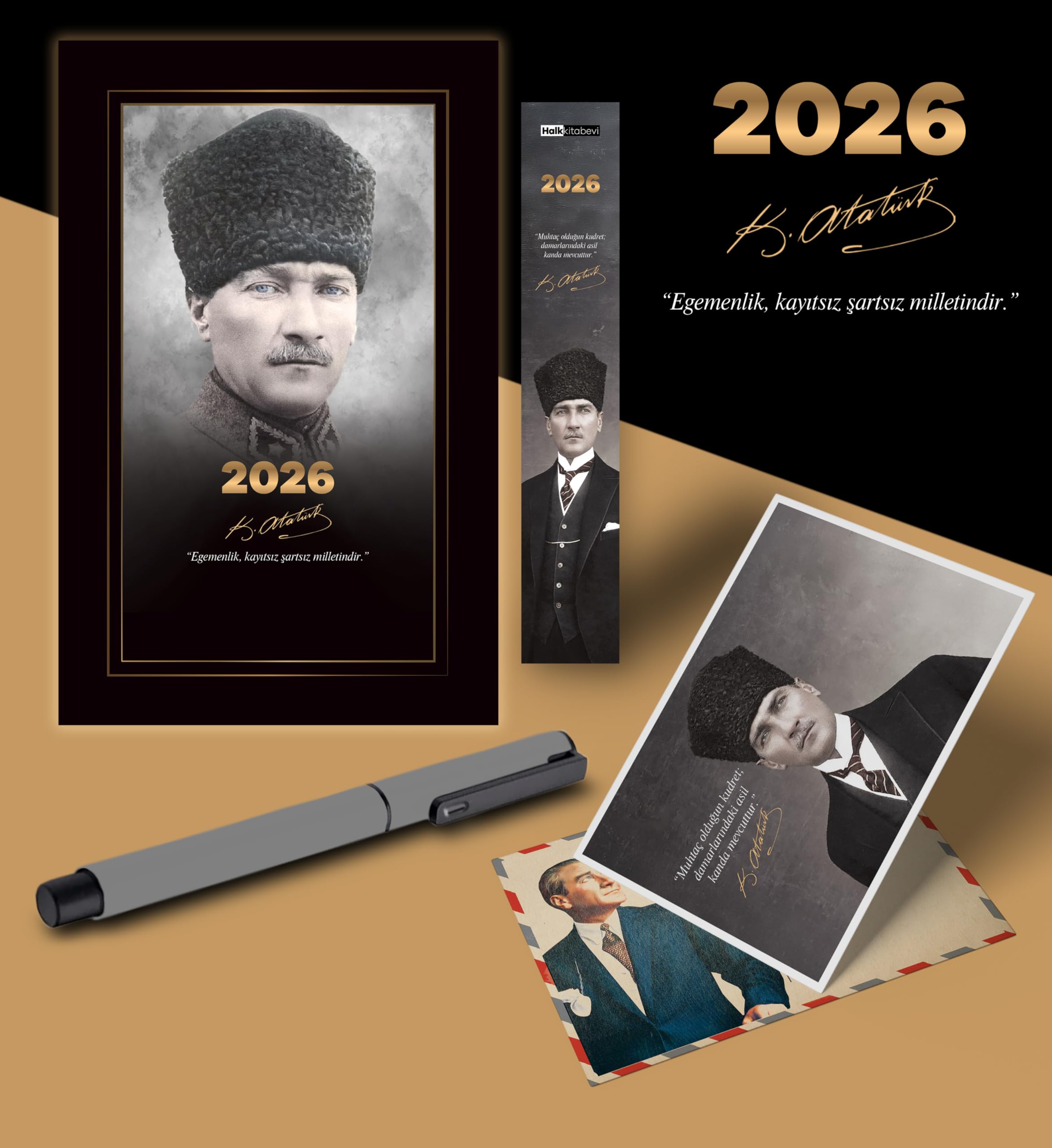 2026 Komutan Atatürk Ajandası Ayraç Kartpostal Kalem - Gri