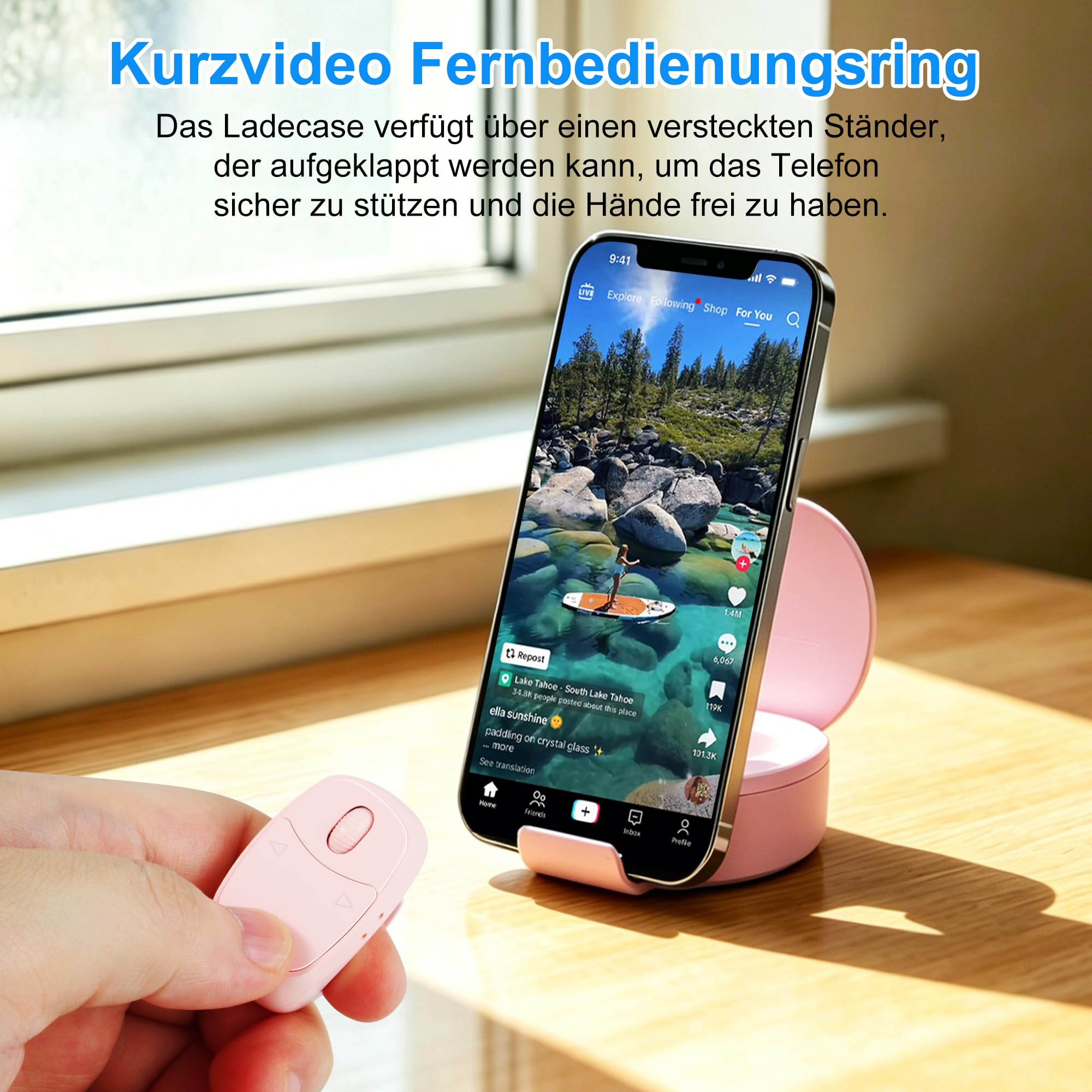 TikTok - Mando a distancia inalámbrico Bluetooth, anillo de desplazamiento recargable con funda de carga, vídeo corto remoto, disparador de cámara, libro electrónico PPT, giro lateral para smartphone
