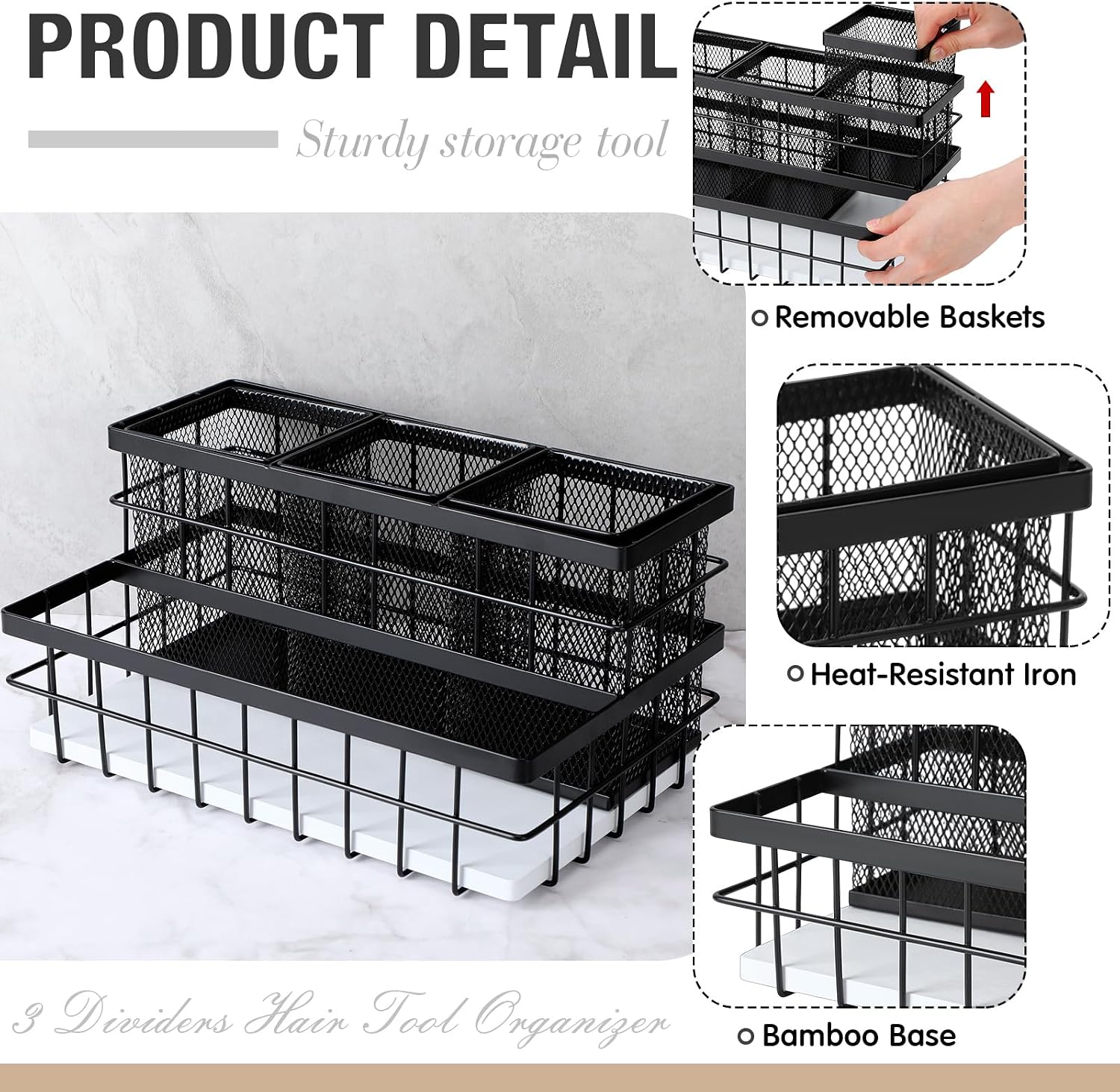 AceOrbit 1 Pcs 1pcs Hair Tool Organizer Countertop Breathable Metal Bamboo Hot Tools Vanity Organizer Under Sink Bathroom Hair Dryer Holder Countertop Brush Comb Holder Tray (White Bamboo,Black)