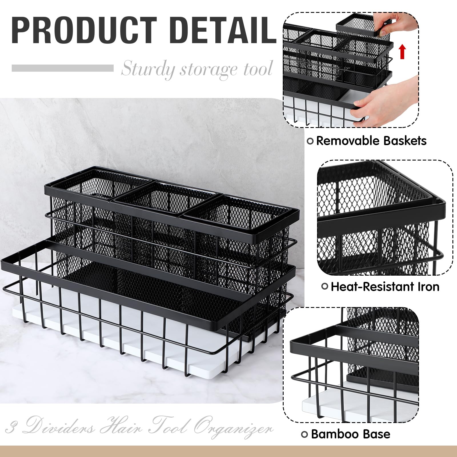 AceOrbit 2 organizadores de herramientas para el cabello, organizador de herramientas calientes de metal y bambú, transpirable, debajo del fregadero, soporte para secador de pelo, cepillo de encimera