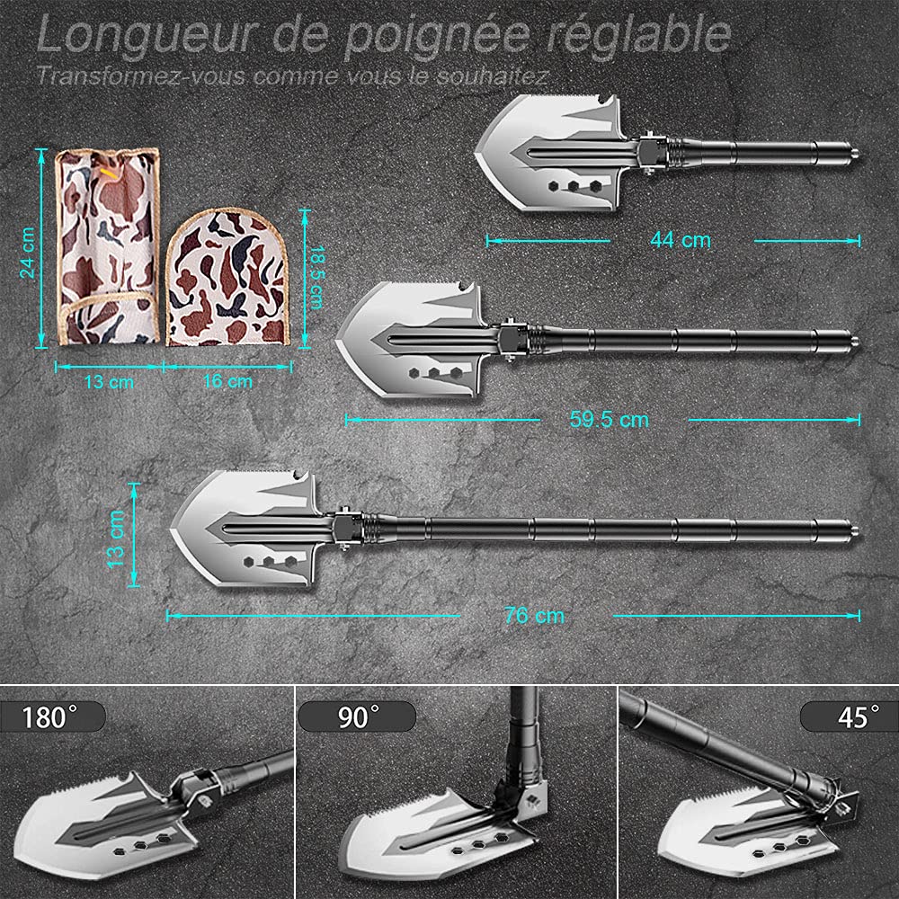 Pelle de Camping et de randonnée YANTOO, kit de Pelle Portable Pliable et détachable, Multifonctionnel pour l'extérieur, la pêche, l'urgence de la Voiture. (FR-Version)
