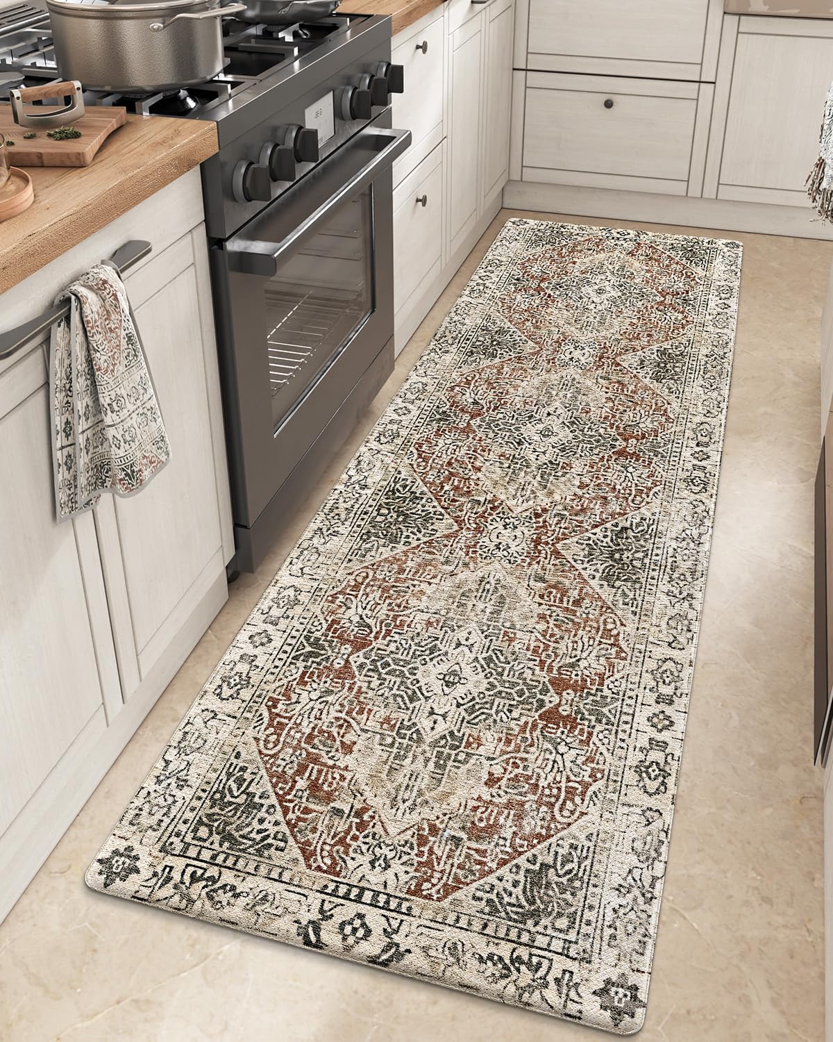 DEXI Kitchen Floor Mats Anti Fatigue, Cushioned Waterproof Runner Rug Boho Floral, 23x86 Extra Long Wide Standing Padded Non Slip for Farmhouse, Cream and Red 86"L x 23"W x 0.4"Th Cream and Red
