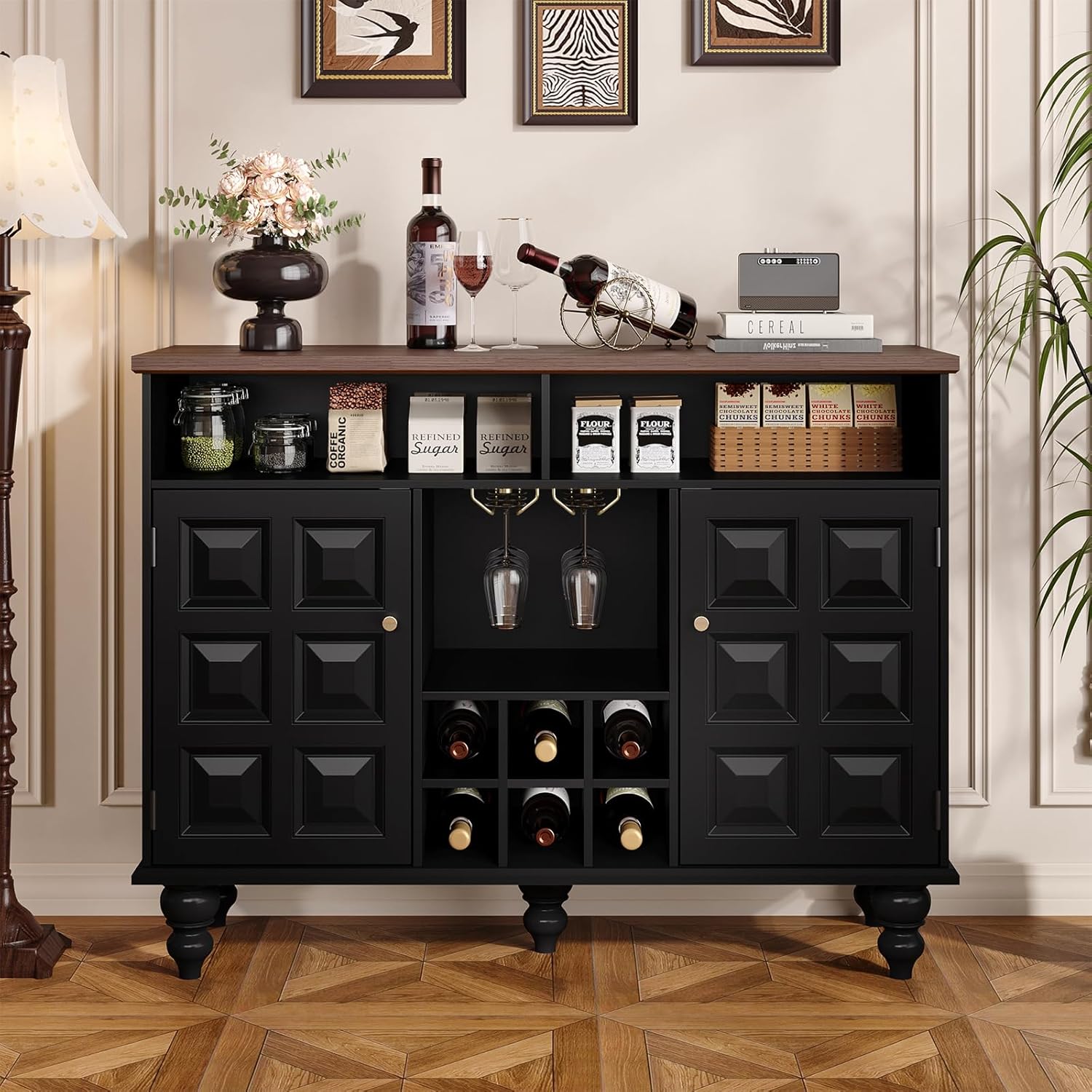 Vabches Modern Liquor Cabinet with Wine Rack and Glass Holder, Mid Century Modern Wine Bar Cabinet with Storage & Retro Square Doors, 45" Wide Sideboard Buffet Cabinet for Kitchen Dining Room, Black