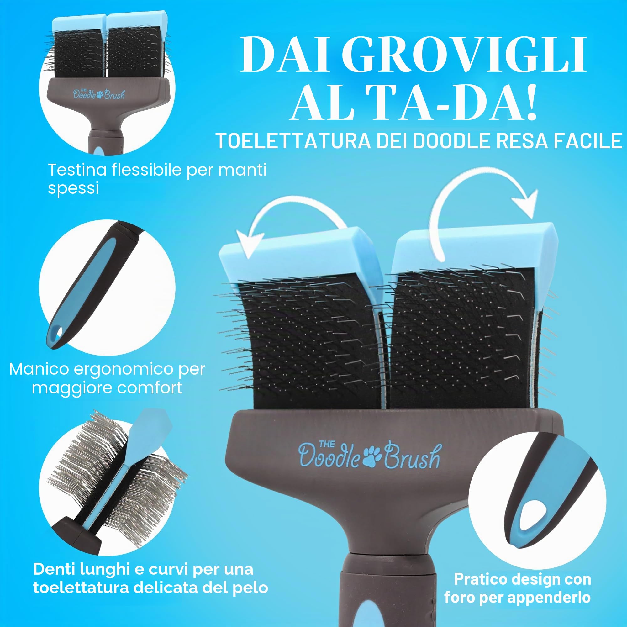 The Doodle Brush Spazzola Per Cani Per La Muta Doppia Testa Doodle | Design Flessibile, Punte Lunghe Delicate, Districa Grovigli, Mantello Riccio Curato, Ideale Goldendoodle Barboncini
