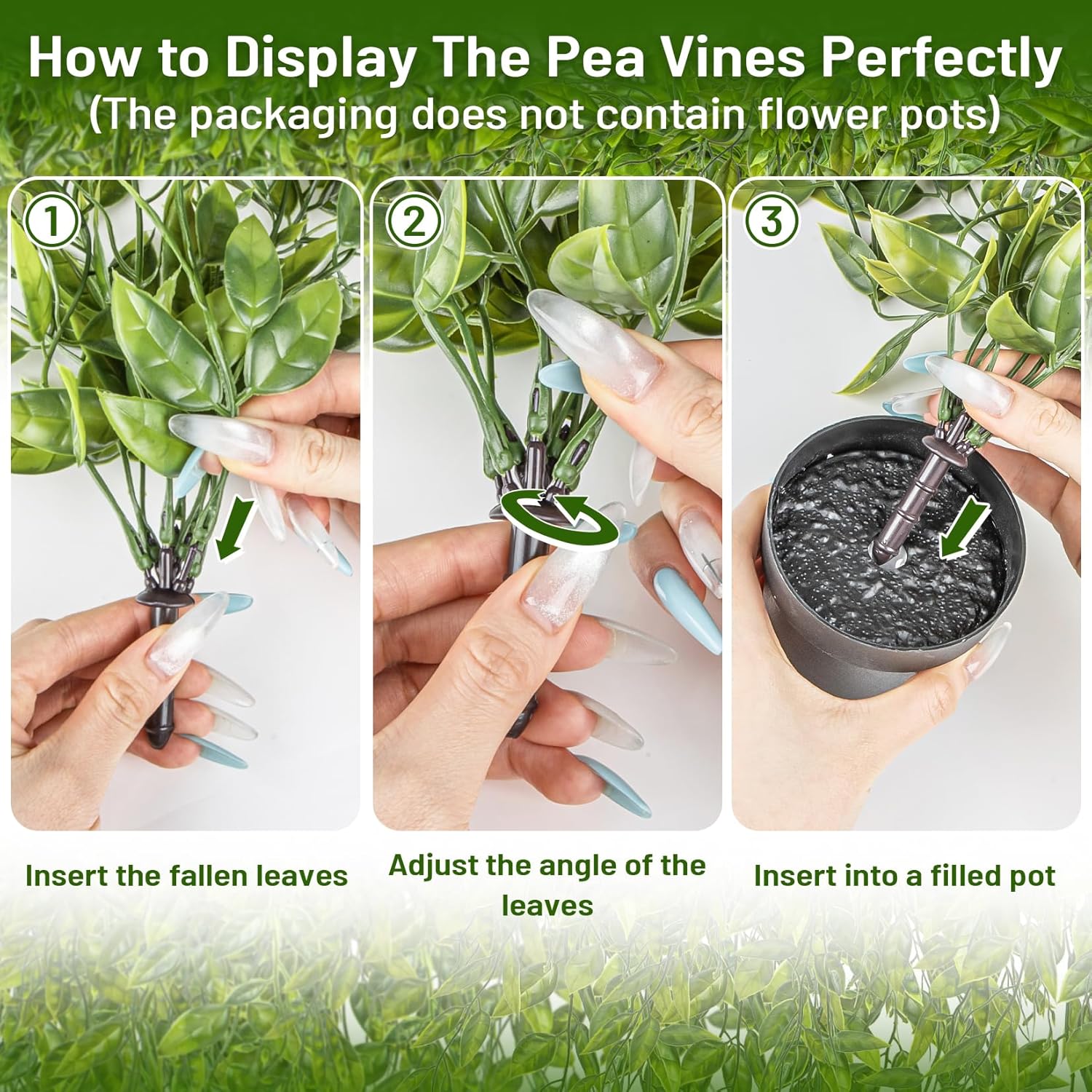 3PCS Fake Hanging Plants - Realistic Small Fake Plants with 9 Branches, Faux Pea Pod Plant Indoor for Shelf Living Room Patio Porch Stair Shower Outdoor Greenery Wall Decor(Pots Not Included) - Image 6